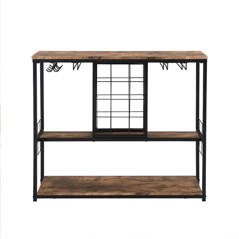 Vintage Industrial 3-Tier Wine Rack Table with Glass Holder - Wine Bar Cabinet, Liquor Buffet Storage Organizer, 39x16x34 Inch - Perfect for Home Bar, Dining Room & Entertaining Guests