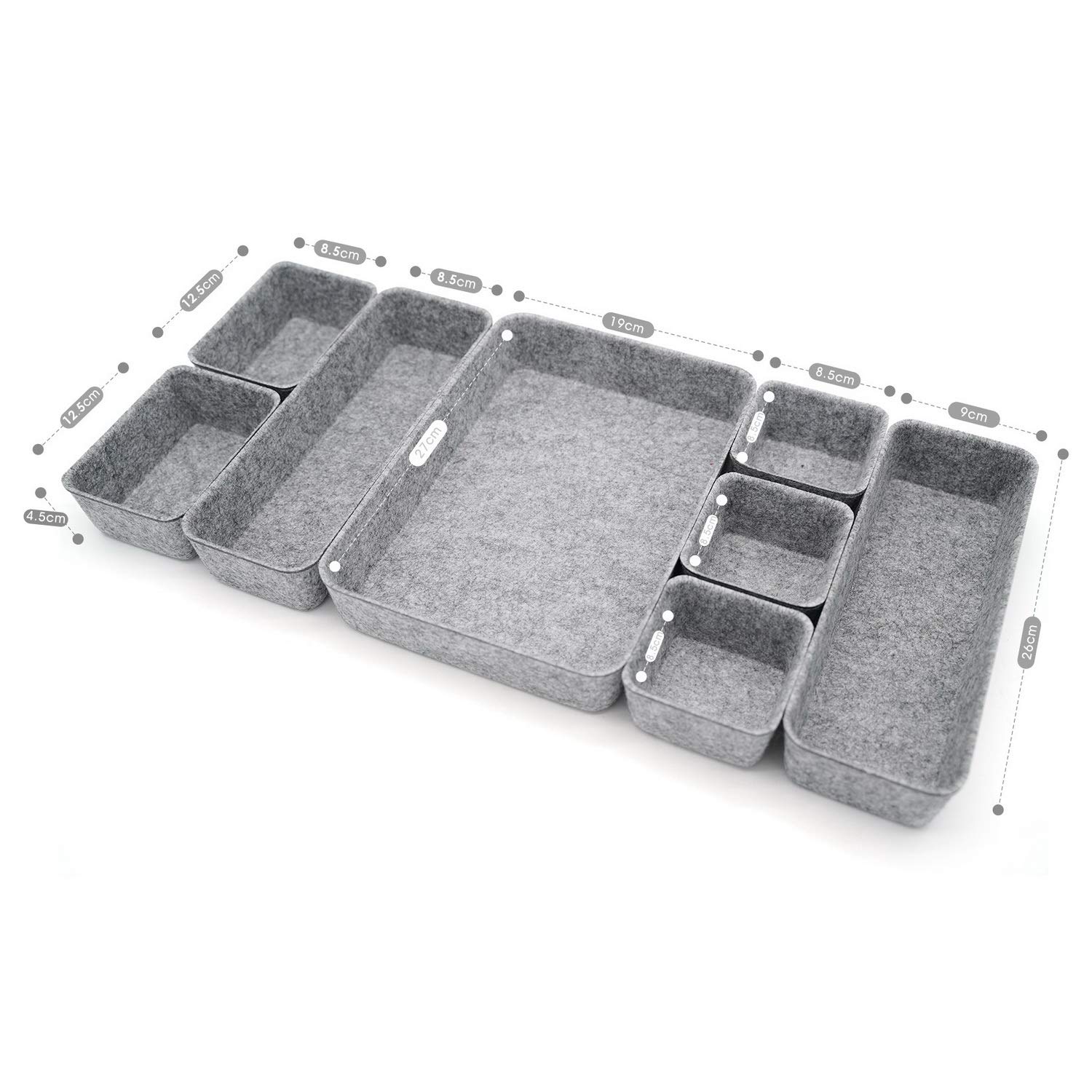 Welaxy 8-Pack Gray Felt Drawer Organizer Trays - Sturdy & Flexible Storage Bins for Office, Jewelry, Makeup, Crafts, Silverware & Tools | Perfect for Home, Office & Travel Organization