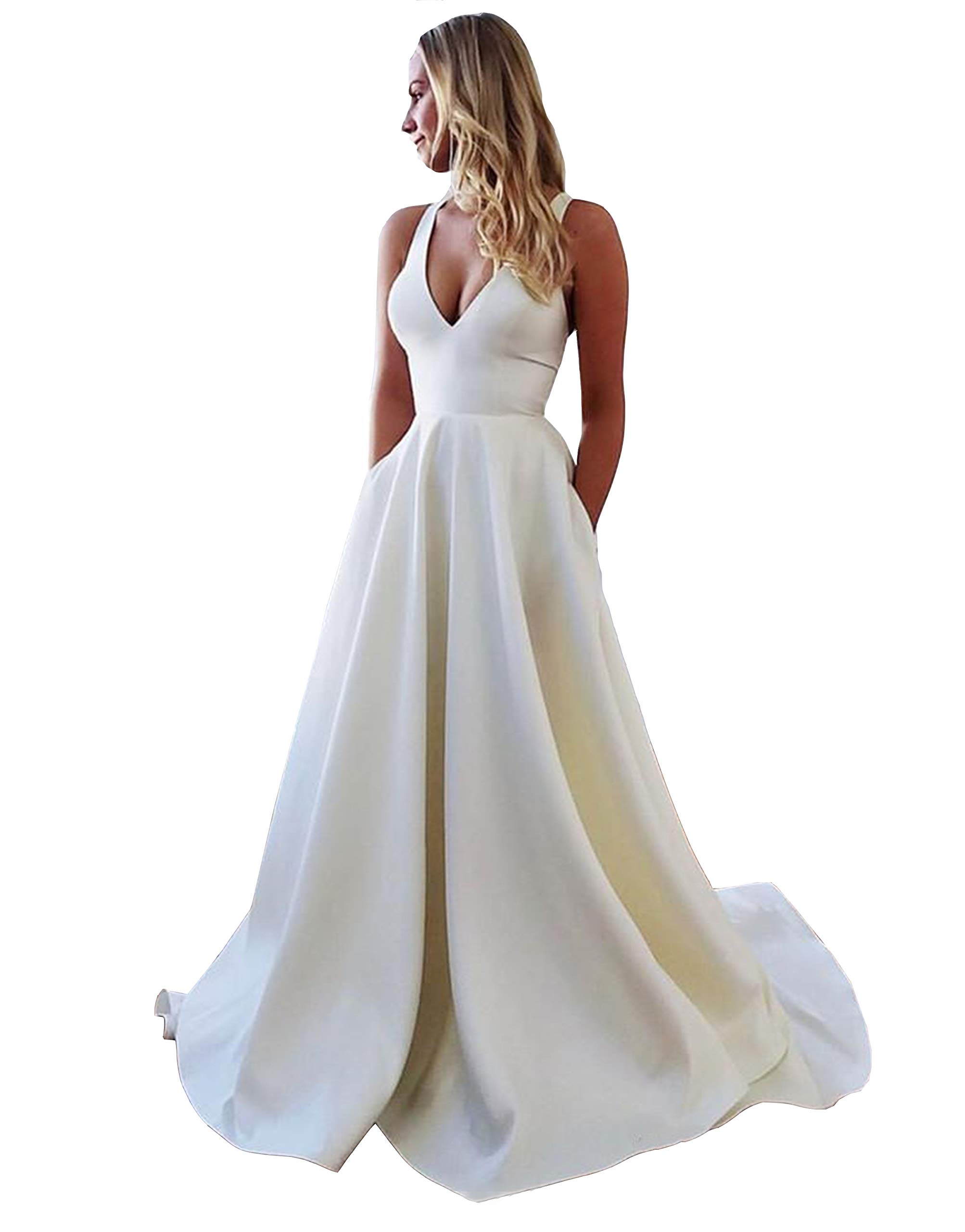 Honeydress Women's Elegant Spaghetti Strap Open Back Prom Dress - Satin V-Neck Evening Gown with Bow for Formal Party, Wedding, Homecoming (Ivory)