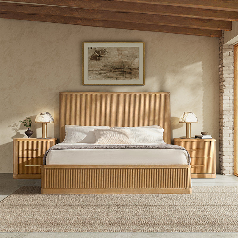 Modern Fluted Solid Wood Bed with Oak Texture – Elegant & Durable Bedroom Furniture for Home Decor | Perfect for Master Bedroom, Guest Room & Apartment