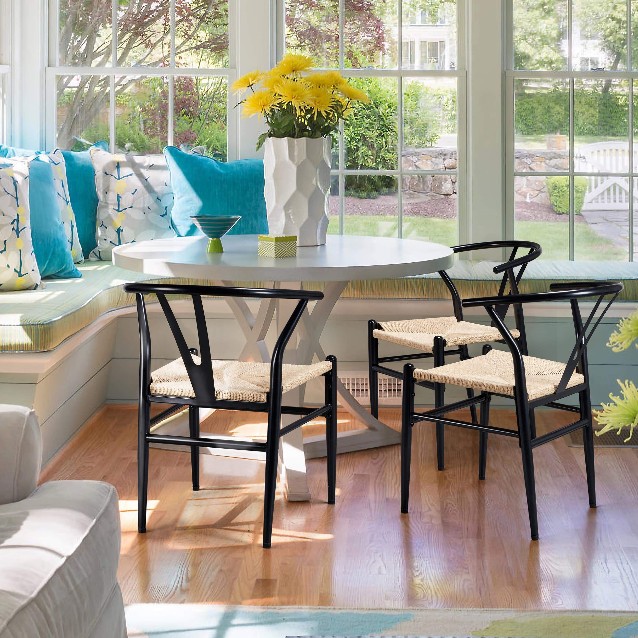 Yaheetech 6-Piece Mid-Century Modern Dining Chair Set - Black Metal Frame with Y-Shaped Backrest & Woven Hemp Seat - Perfect for Kitchen, Dining Room, Patio or Outdoor Entertaining (3 Packages/6 Chairs)