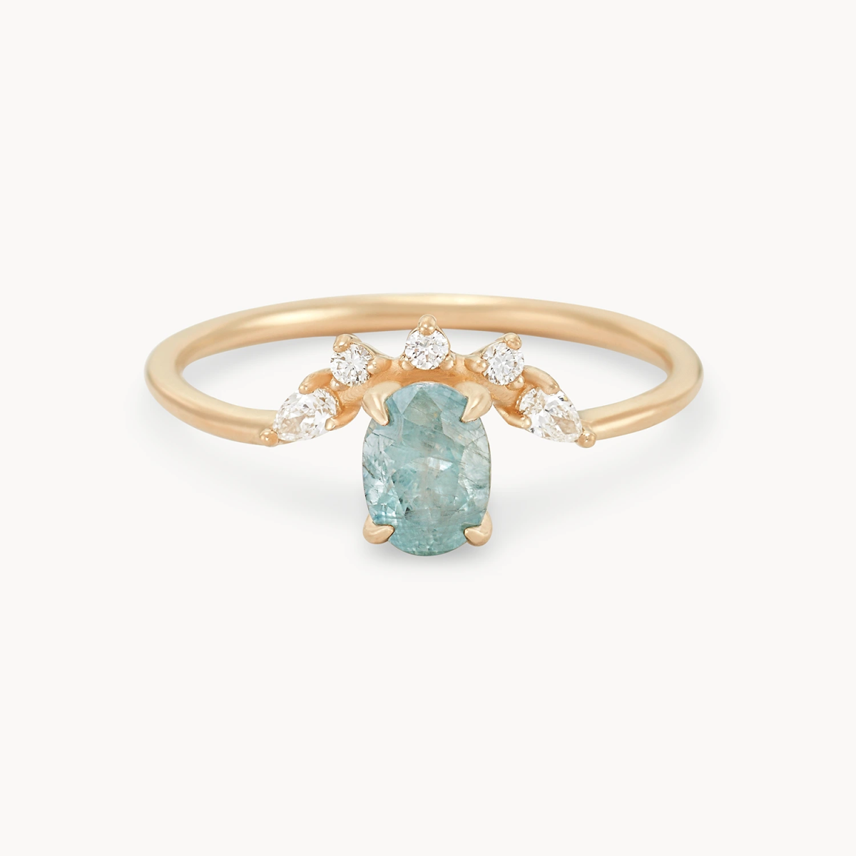 14K Yellow Gold Oval Cyan Green Sapphire Ring - Unique Handmade Jewelry for Weddings, Anniversaries & Special Occasions