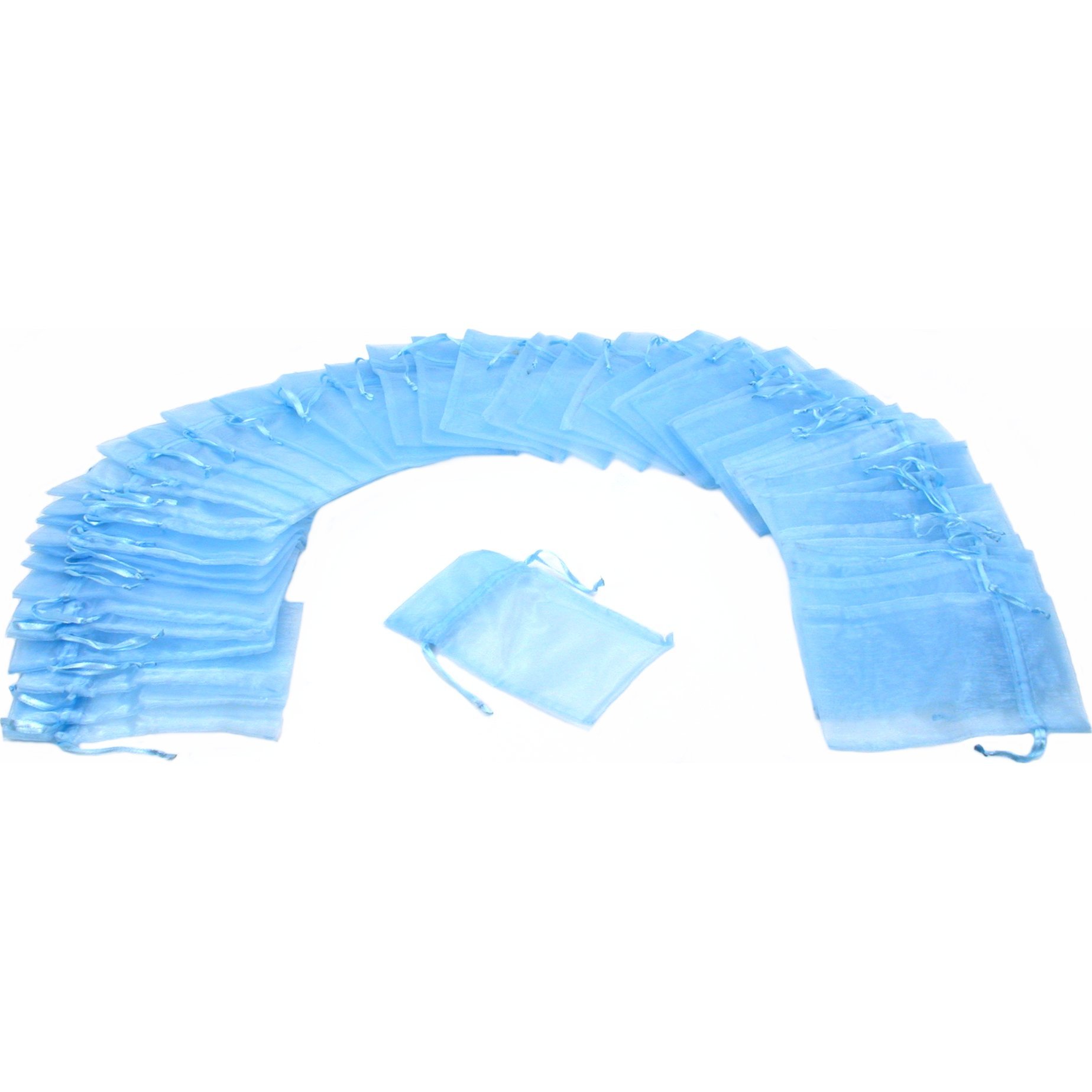 FindingKing 48-Pack Light Blue Organza Drawstring Jewelry Gift Bags 3x4 Inches - Perfect for Wedding Favors, Bridesmaid Gifts, Party Favors & Jewelry Packaging