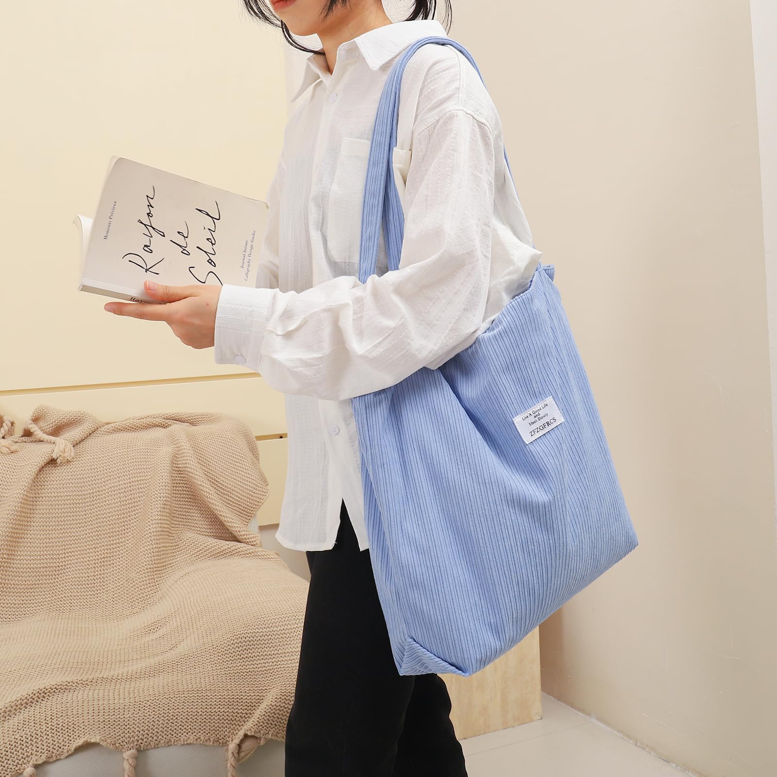 Stylish Corduroy Tote Bag for Women - Large Zippered Hobo Shoulder Bag - Durable Work & Shopping Handbag for Office, Commute & Travel