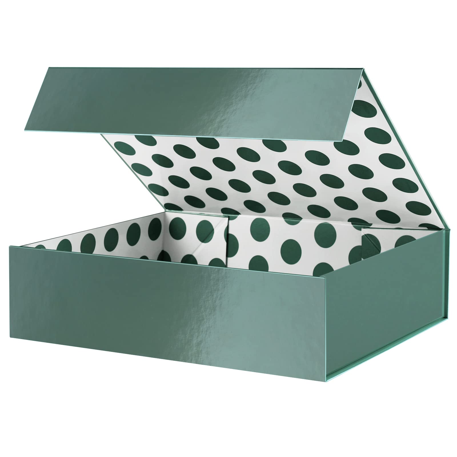 Premium Large 13x9.7x3.4 Inch Glossy Metallic Green Gift Box with Magnetic Lid - Elegant Dot Design Interior for Clothing, Shirts & Jewelry - Perfect for Birthdays, Weddings & Corporate Gifts