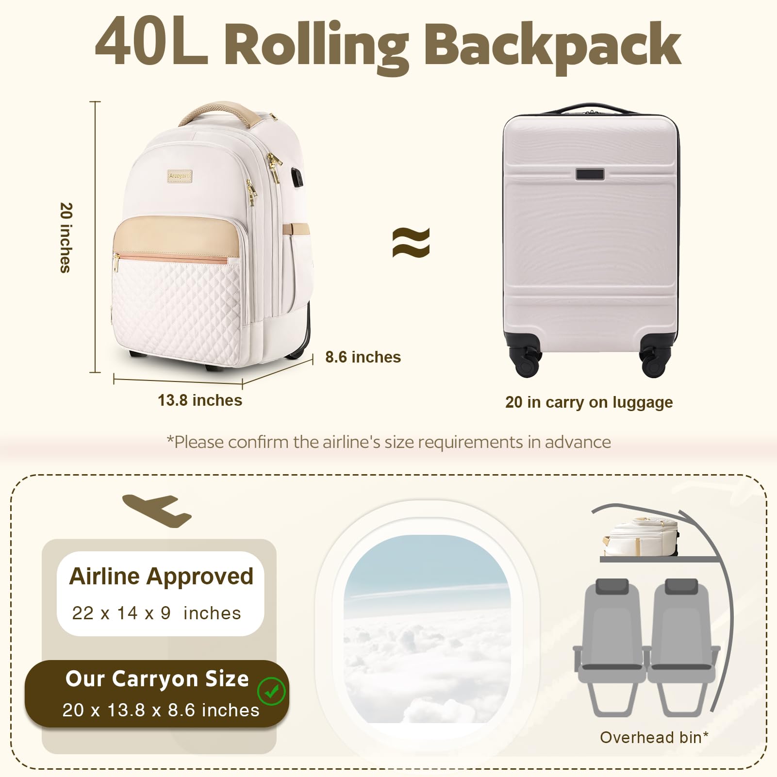 40L Rolling Backpack with Wheels for Women & Adults - Wheeled Travel Backpack Carry On Luggage - Perfect for Air Travel, Commuting & Outdoor Adventures (Beige)