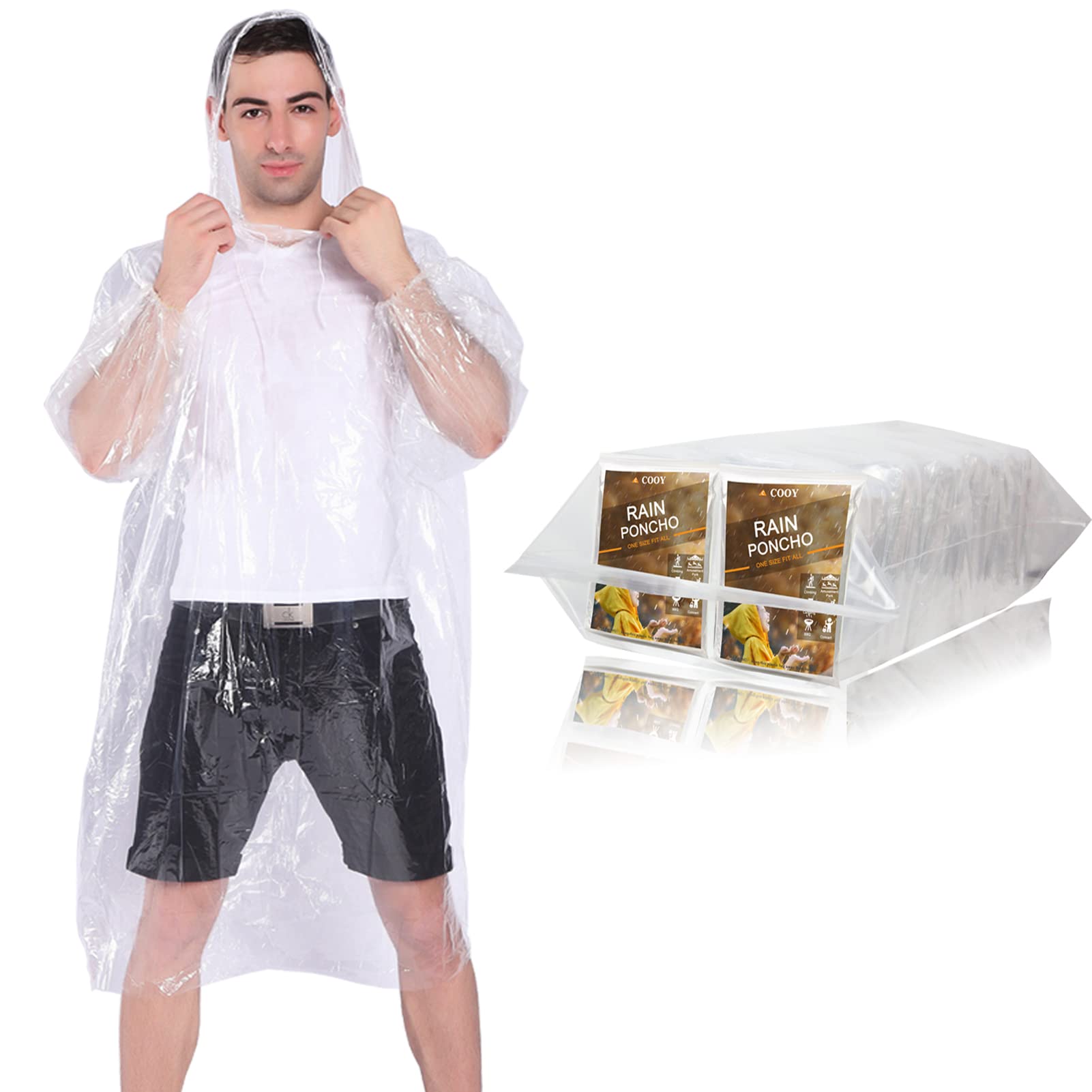 Disposable Rain Ponchos with Drawstring Hood (10 Pack) - Clear Emergency Rainwear for Adults & Family Outdoor Activities, Hiking, Camping, Sports Events