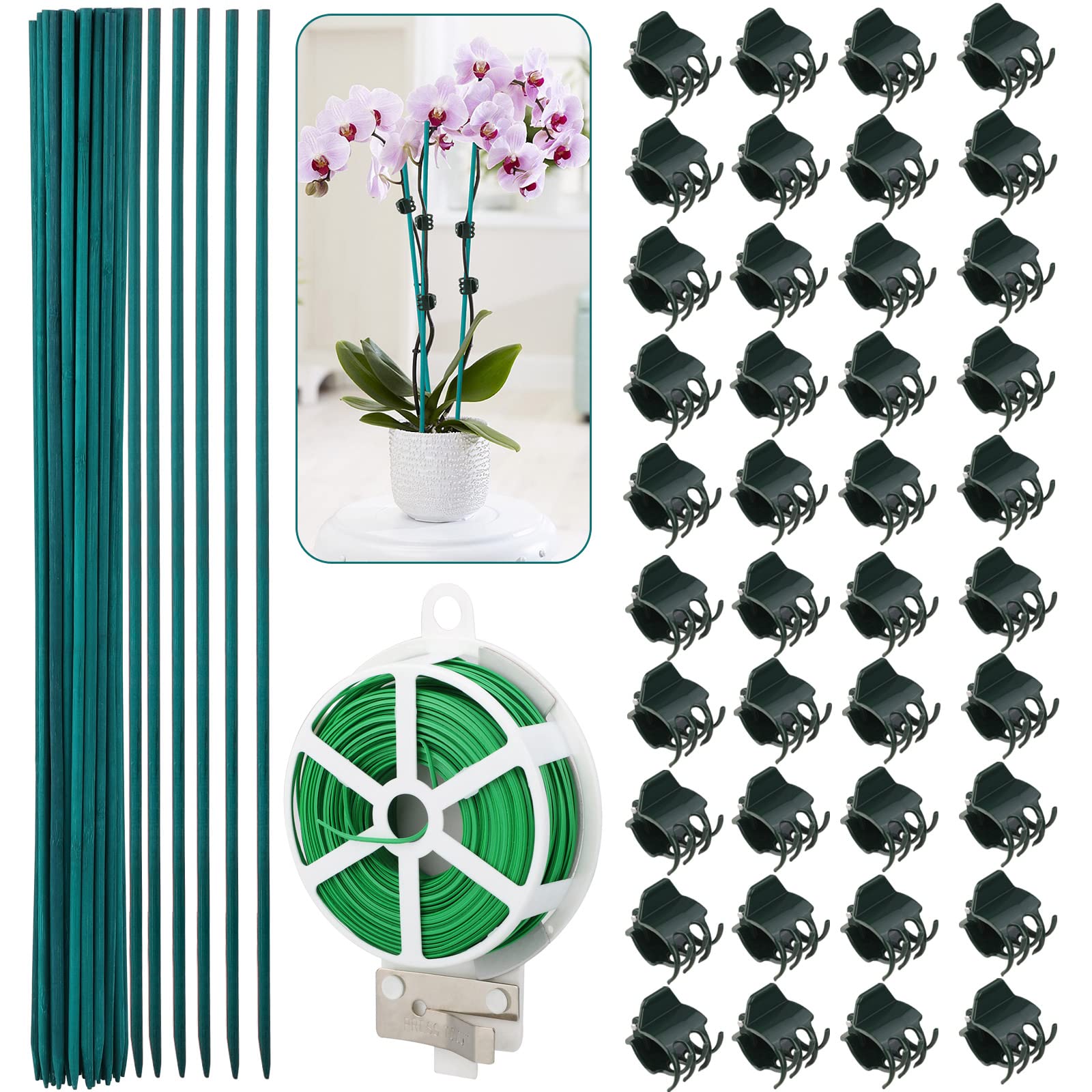 BHSHUXI 40-Piece Orchid Clips & Plant Support Kit - Plastic Garden Clips with 40 Stakes & 65ft Twist Ties for Supporting Stems, Vines, and Stalks - Ideal for Orchids, Tomatoes, and Climbing Plants in Home Gardens