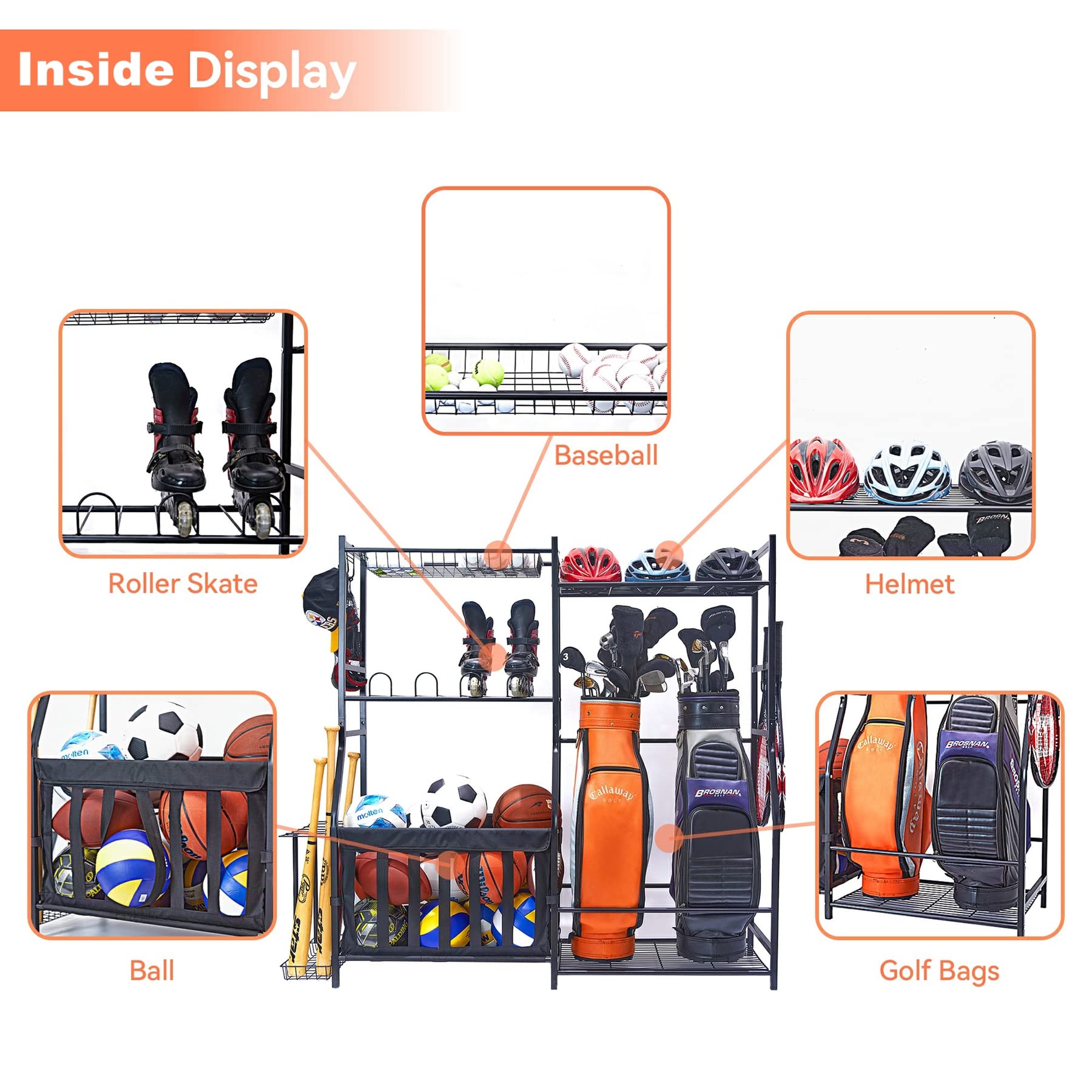 Garage Sports Equipment Organizer & Golf Bag Stand - Heavy Duty Ball Storage Rack for Indoor/Outdoor Use - Kids Toys Storage Bins with Baskets - Perfect for Garage, Basement, Backyard & Playroom Organization