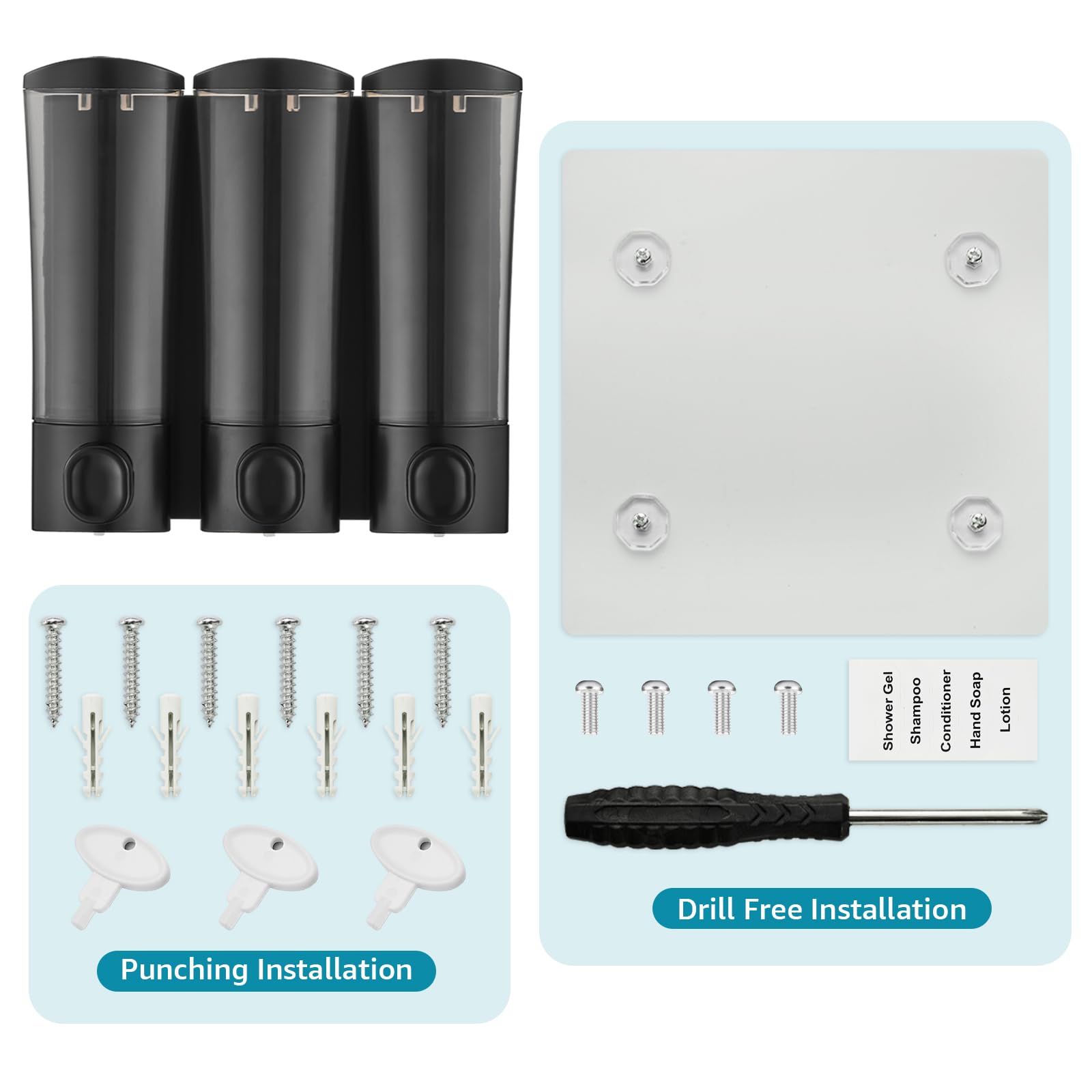 No-Drill Wall Mount Shampoo & Conditioner Dispenser - 3 Chamber Bathroom Liquid Soap Pump Set (3x300ml, Black) for Shower, Hotel & Home Use - Space Saving Solution for Organized Bathrooms