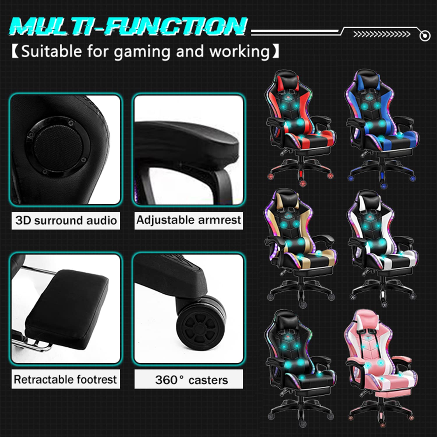 Ergonomic RGB Gaming Chair with Massage, Footrest & Bluetooth Speakers - Adjustable Headrest, Lumbar Support & Reclining Backrest for PC/Console Gamers - Perfect for Esports, Streaming & Home Office Setup