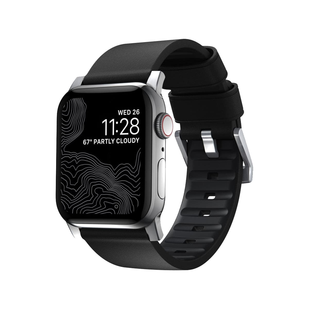 Nomad Active Band Pro 40mm / 41mm Silver Stainless Steel Case with Black Leather Strap - Compatible with Apple Watch for Workouts, Business & Everyday Wear