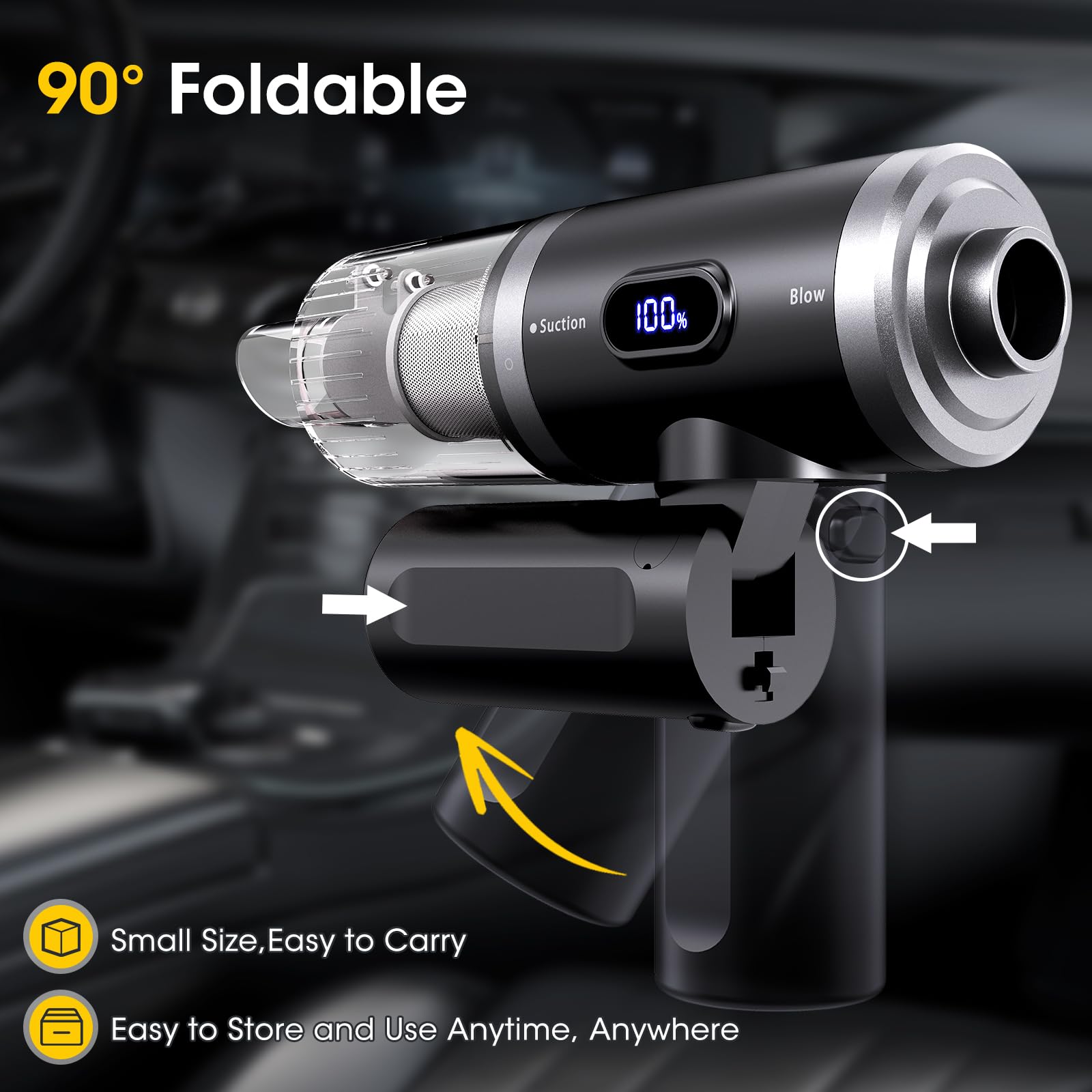 7-in-1 Cordless Handheld Vacuum Cleaner with 14000PA Suction Power - Portable Car Vacuum with Brushless Motor, LCD Display & LED Light - Foldable 90° Design for Home, Car, Kitchen, Office Desk & Keyboard Cleaning