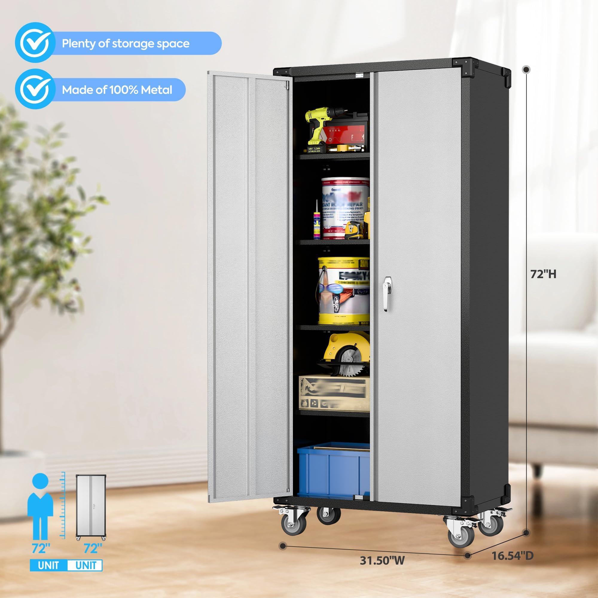 Heavy-Duty Metal Garage Storage Cabinet with Wheels - 72