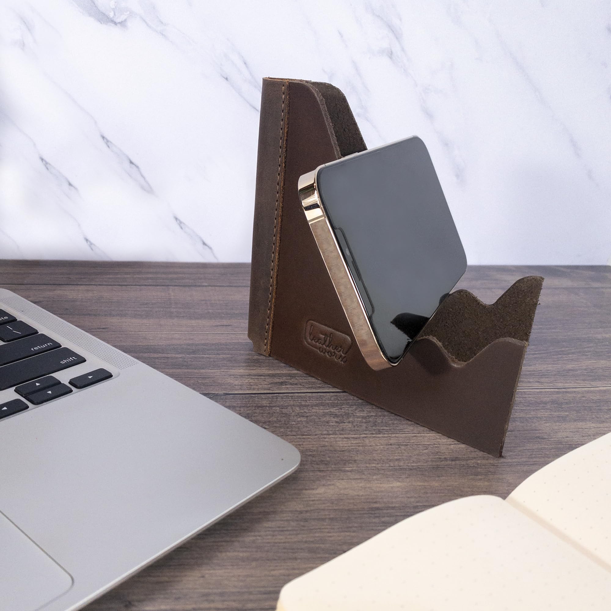 Handmade Full Grain Leather Rustic Cell Phone Stand for Desk - Foldable Desktop Phone Holder, Bourbon Brown - Perfect for Office, Home & Travel Use