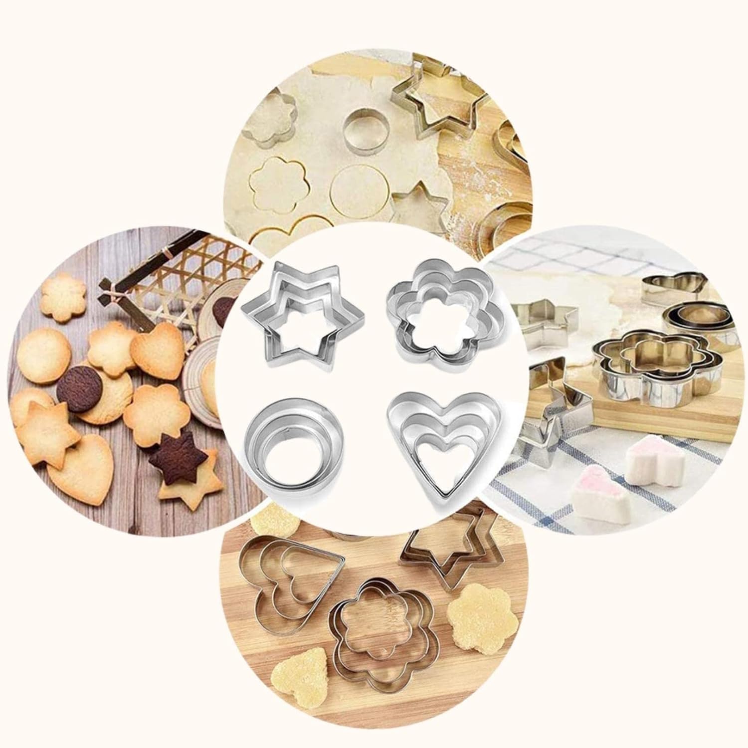InfiSoul 12-Piece Stainless Steel Cookie Cutter Set - 4 Shapes, 3 Sizes with Embossing Mold for Baking, Cooking, Bread & Sandwich Making - Perfect for Kids, Home Kitchen & Holiday Cookie Decorating