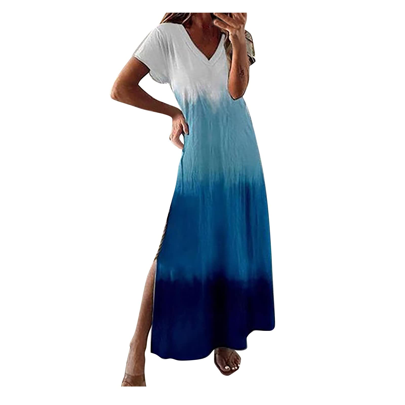 **Women's Summer Maxi Dress - Flowy Loose Fit, Short Sleeve, Patterned & Spliced Design - Perfect for Beach, Vacation & Casual Outings**