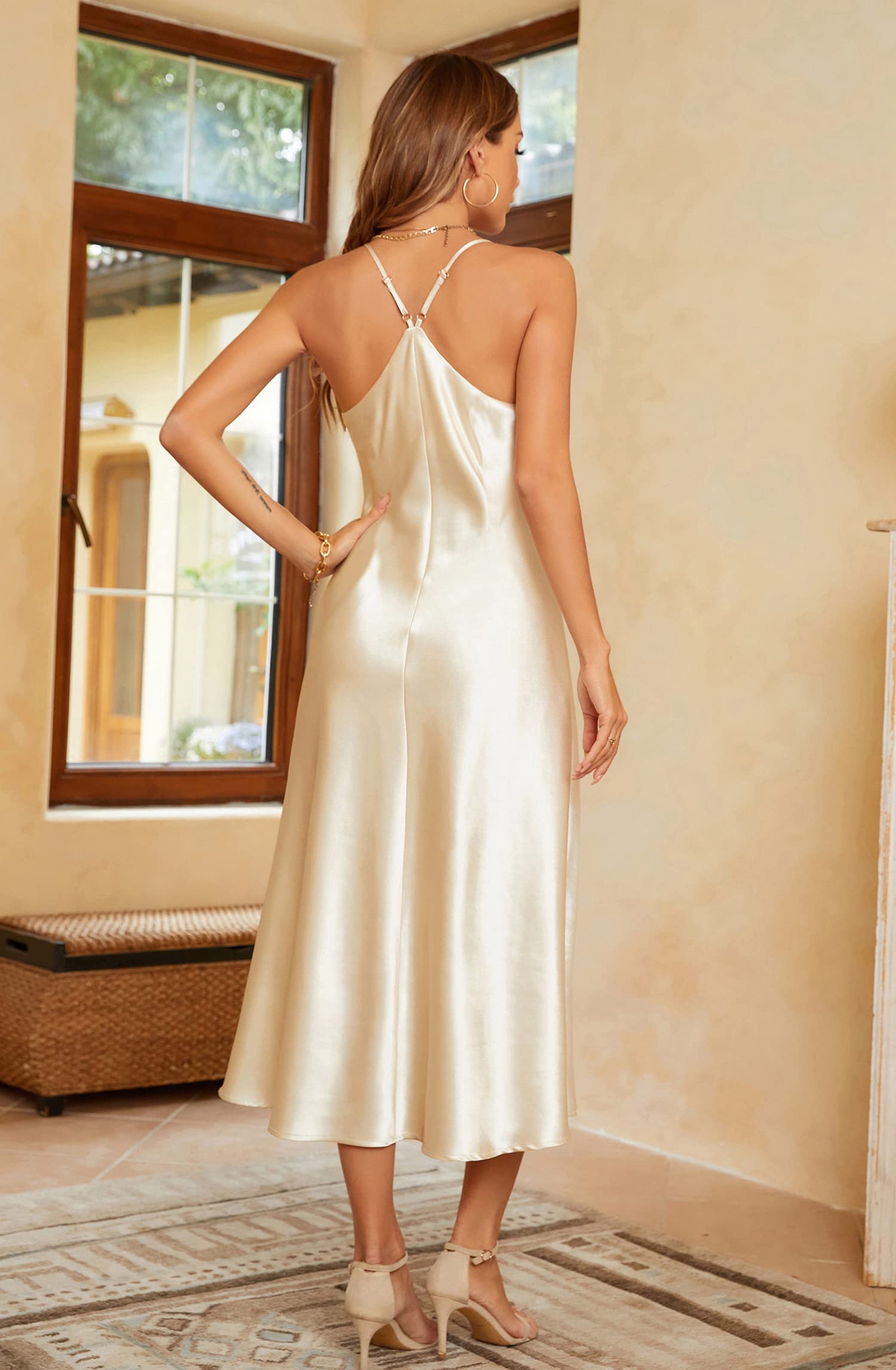 ALCEA ROSEA Women's Satin Backless Spaghetti Strap Cocktail Dress - Elegant Wedding Guest, Evening Party Midi Dress with High Slit | Perfect for Formal Events, Date Nights & Special Occasions