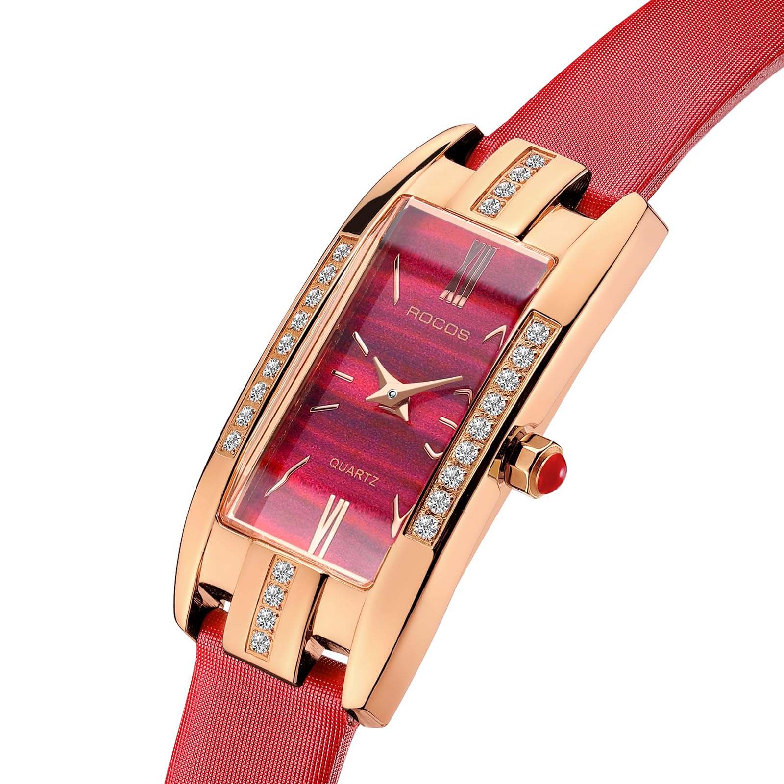 Elegant Women's Fashion Watch with Green/Red Dial & Leather Strap - Quartz Analog Dress Watch, Waterproof & Diamond Accent - Perfect for Office, Party & Casual Wear (Model RW0209S)