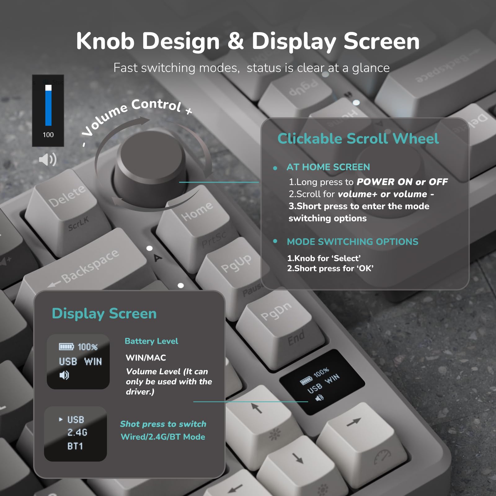 RK ROYAL KLUDGE M75 Wireless Mechanical Gaming Keyboard - 2.4Ghz/BT5.1/USB-C, 75% Compact Layout (81 Keys), Gasket Mount, OLED Display & Control Knob, RGB Backlit, Hot-Swappable Viridian Switch (Marble Grey) - Perfect for PC Gaming, Office Work & Typing Enthusiasts