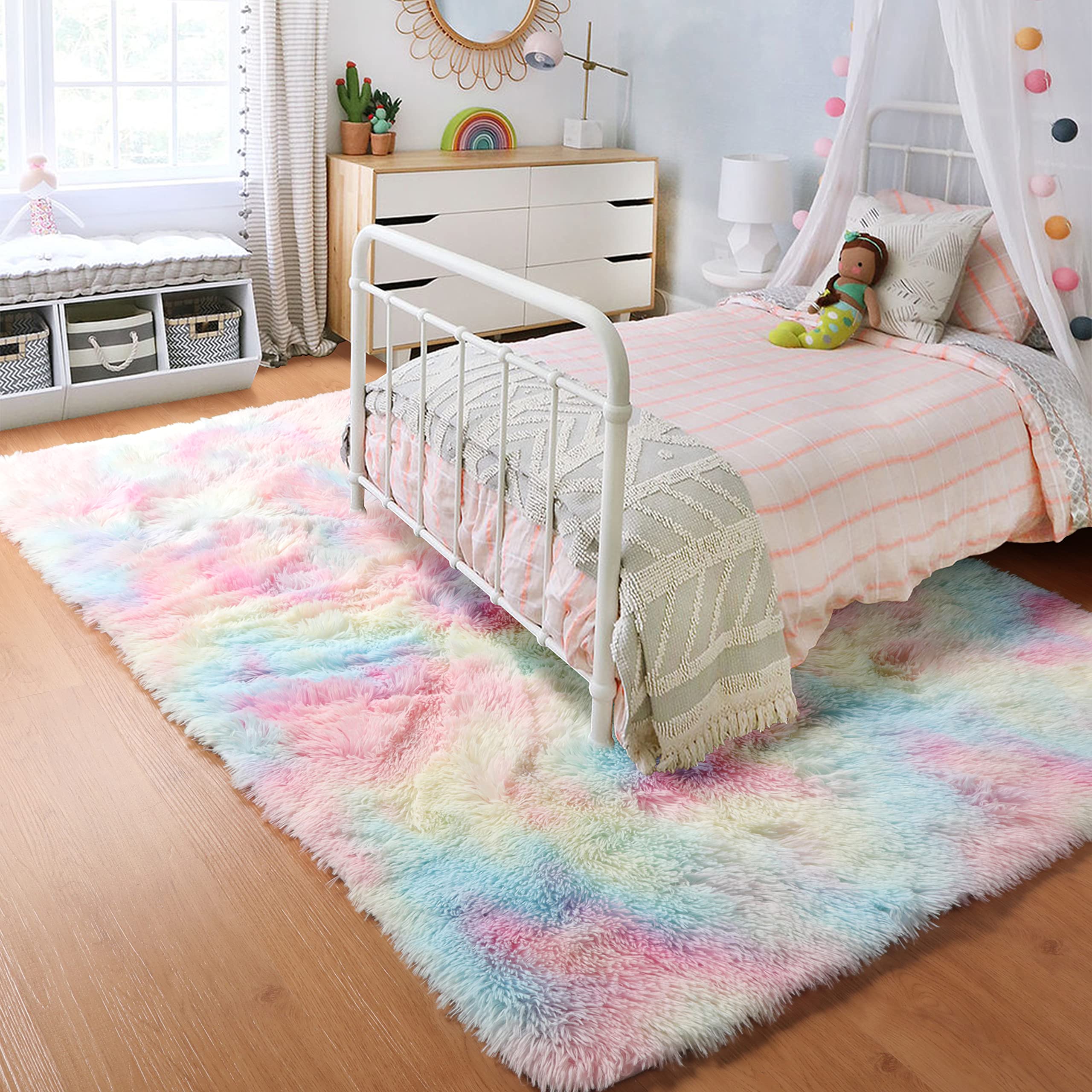 **BSTLUV 8x10 Fluffy Rainbow Rugs for Girls Bedroom - Shaggy Plush Carpet, Super Soft Large Area Rug for Living Room, Nursery, Playroom, Kids & Baby Room Decor - Perfect for Cozy Playtime & Stylish Home Decor**