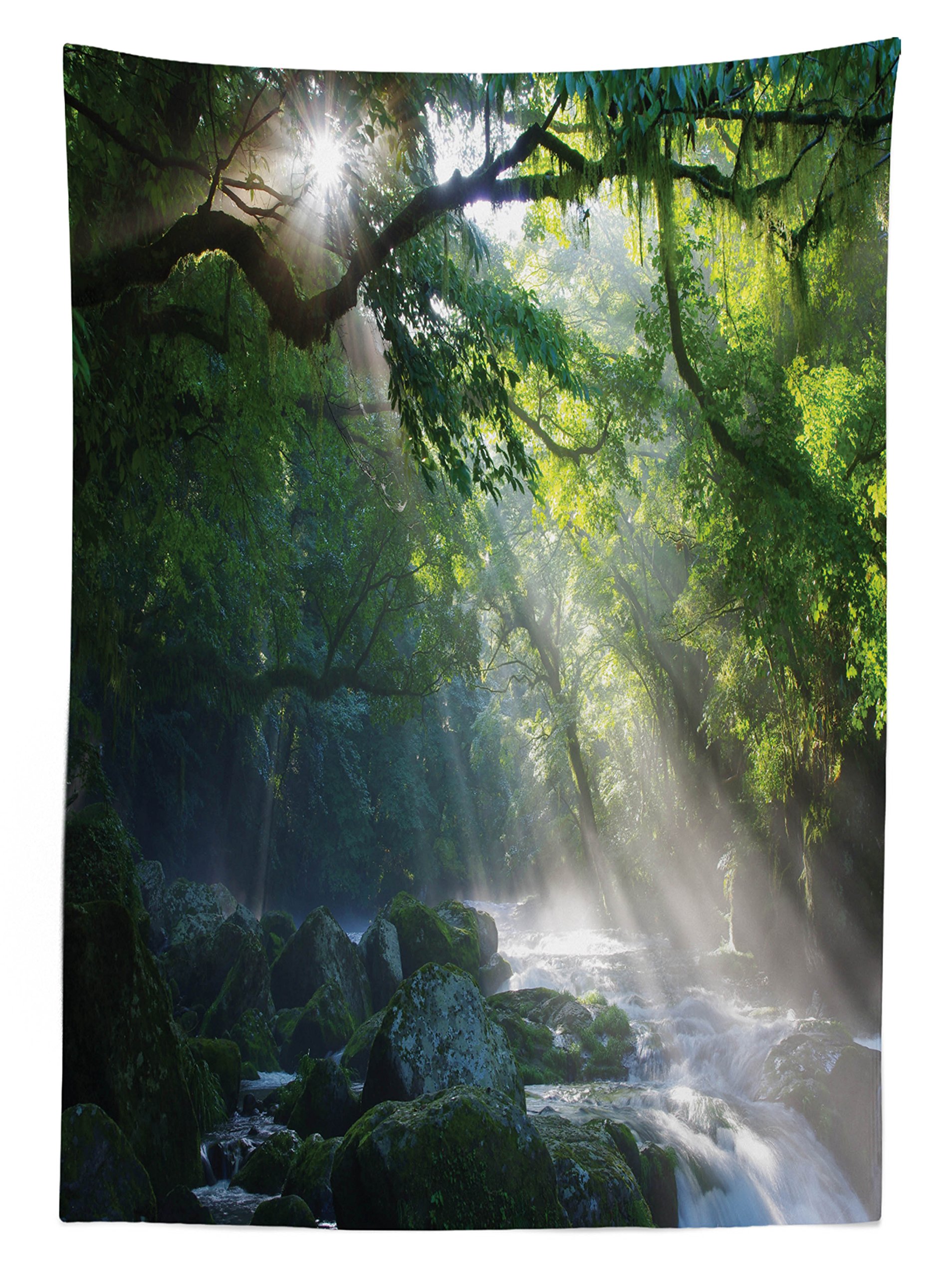 Ambesonne Waterproof Rainforest Tablecloth - Green & White Jungle Stream Design with Sun Rays & Stones - 58