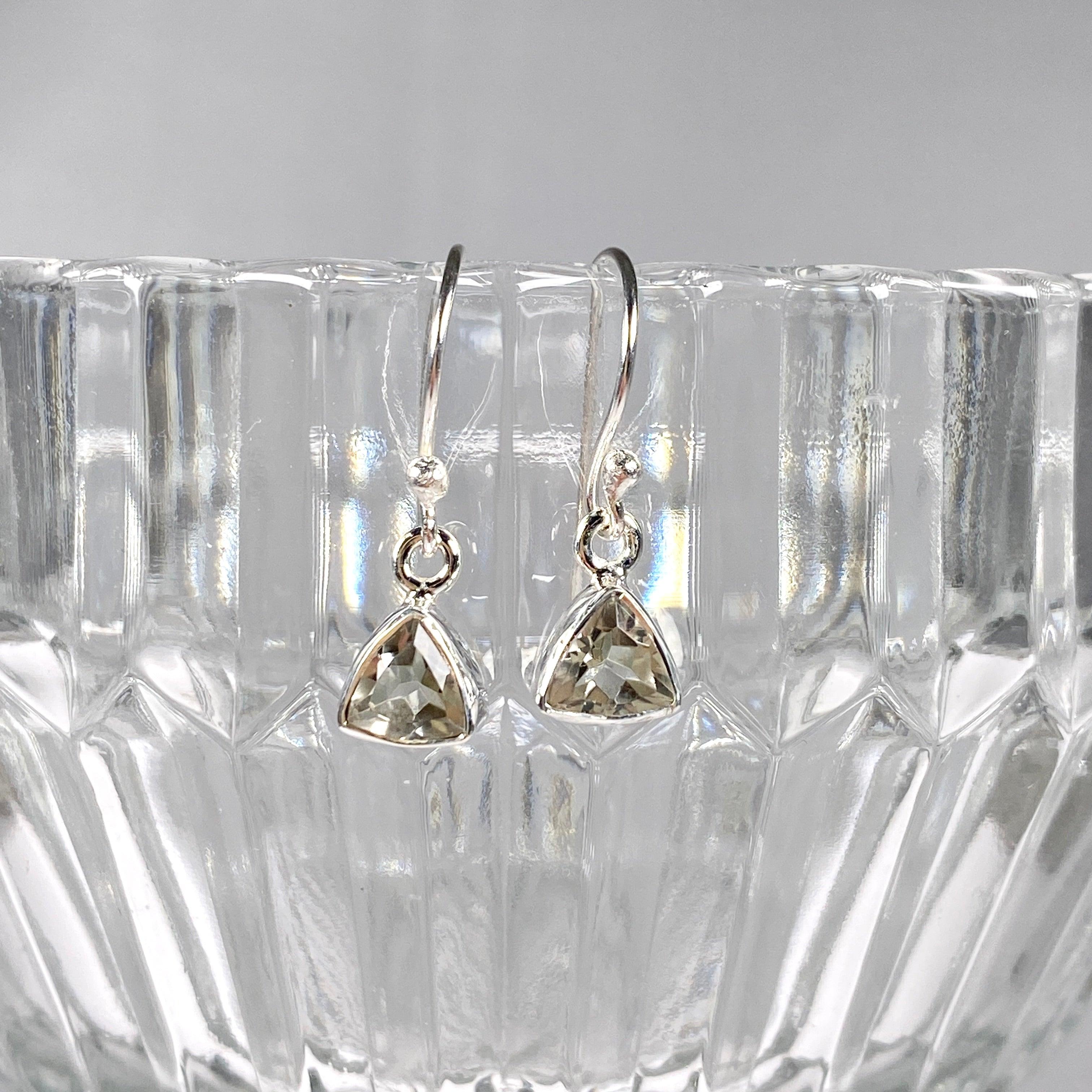 Prasiolite Petite Triangular Faceted Earrings R2363 PRT - Elegant Green Gemstone Jewelry for Women, Perfect for Parties & Special Occasions