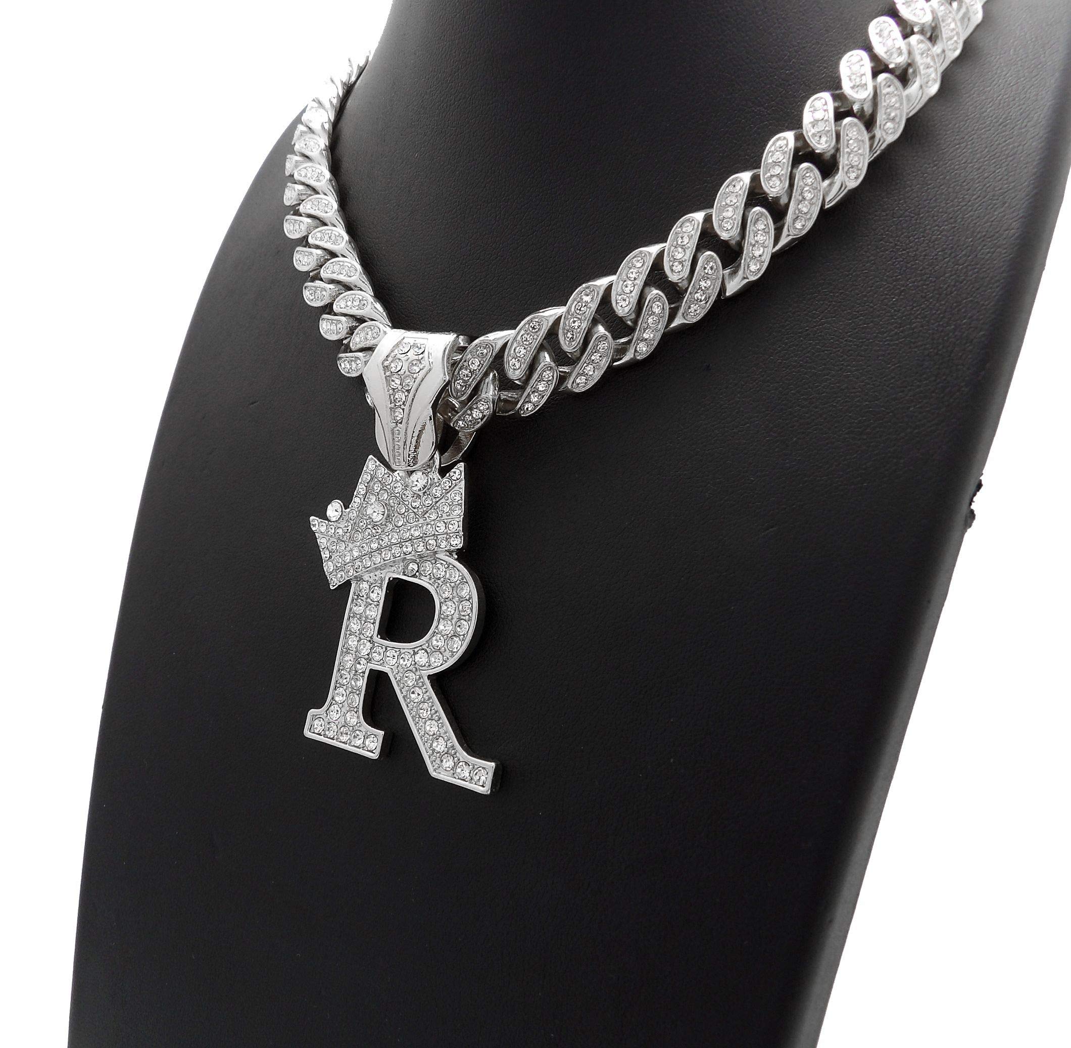 NYFASHION101 Iced Out Miami Cuban Chain Necklace with 12mm Stone Stud Crowned Initial Pendant - Perfect for Hip Hop Jewelry, Men's Bling Accessories & Gift Giving