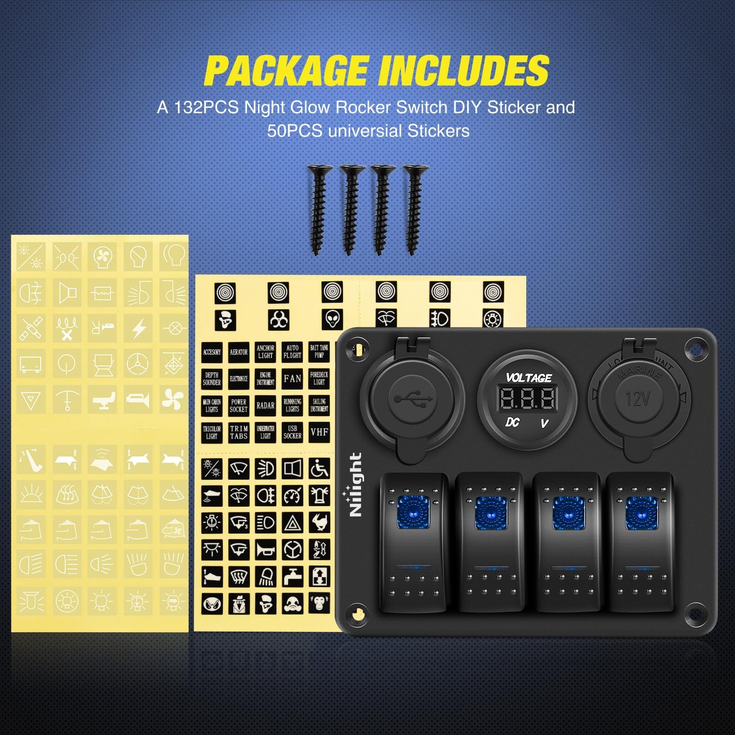 4 Gang ON/Off Blue LED Rocker Switch Panel with PD Type C & USB Charger - 12V/24V Power Socket with Fuse for Marine, RV, Truck & Boat Electrical Systems