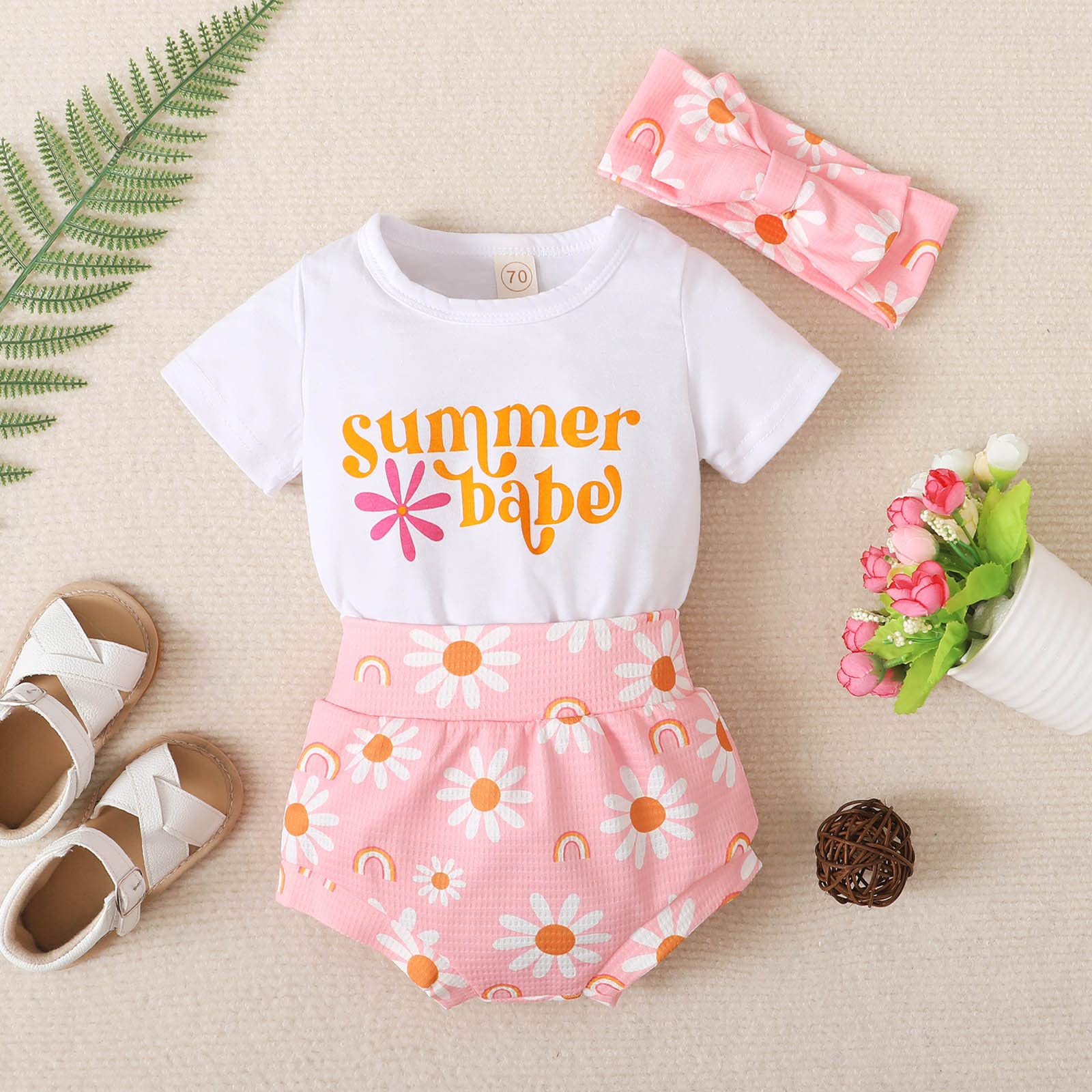 **Toddler Girls' Outfit Set - Short Sleeve Letter Print T-Shirt, Floral Shorts & Headband | Cute Summer Playtime & Photo Outfits**