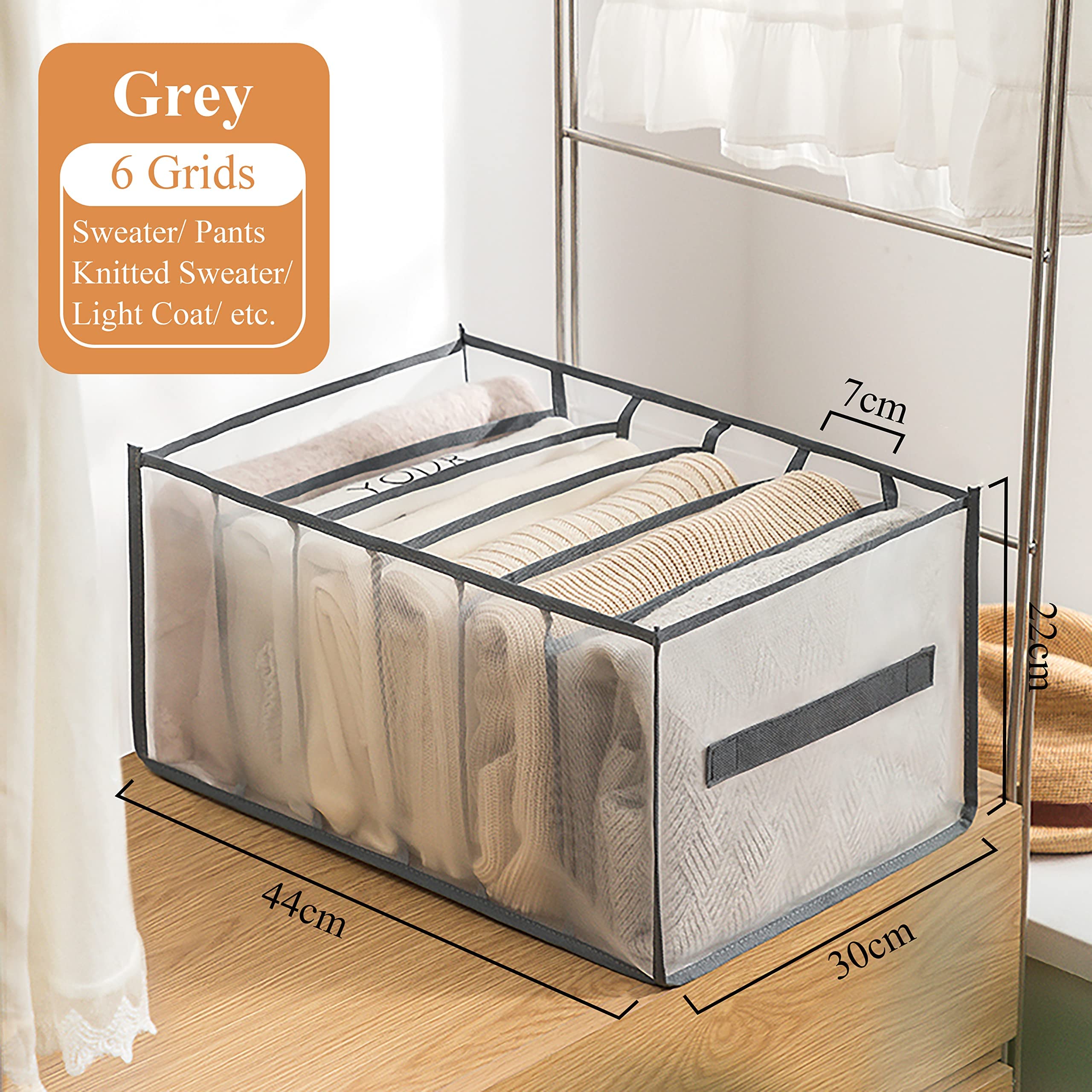 WATAKA 3-Piece Extra Large Foldable Closet Organizer Set - 6 Grid Storage Bins for Sweaters, Coats & Clothes (Grey) | Perfect for Bedroom, Closet & Wardrobe Organization