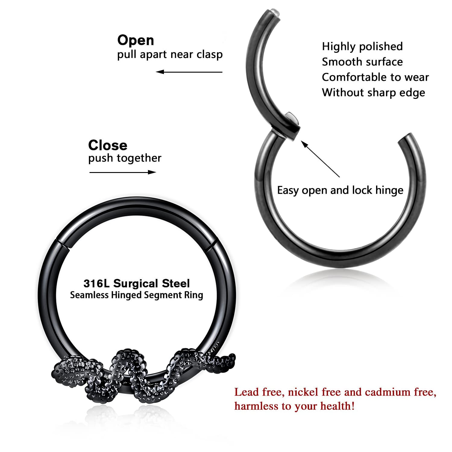 PEAKLINK 16G Septum Hoop Earrings - 316L Surgical Steel Daith, Conch, Tragus, Helix, Rook, Cartilage & Lobe Piercing Jewelry - 2PCS Seamless Clicker Nose Rings (8mm & 10mm) - Perfect for Everyday Wear, Parties & Body Piercing Enthusiasts