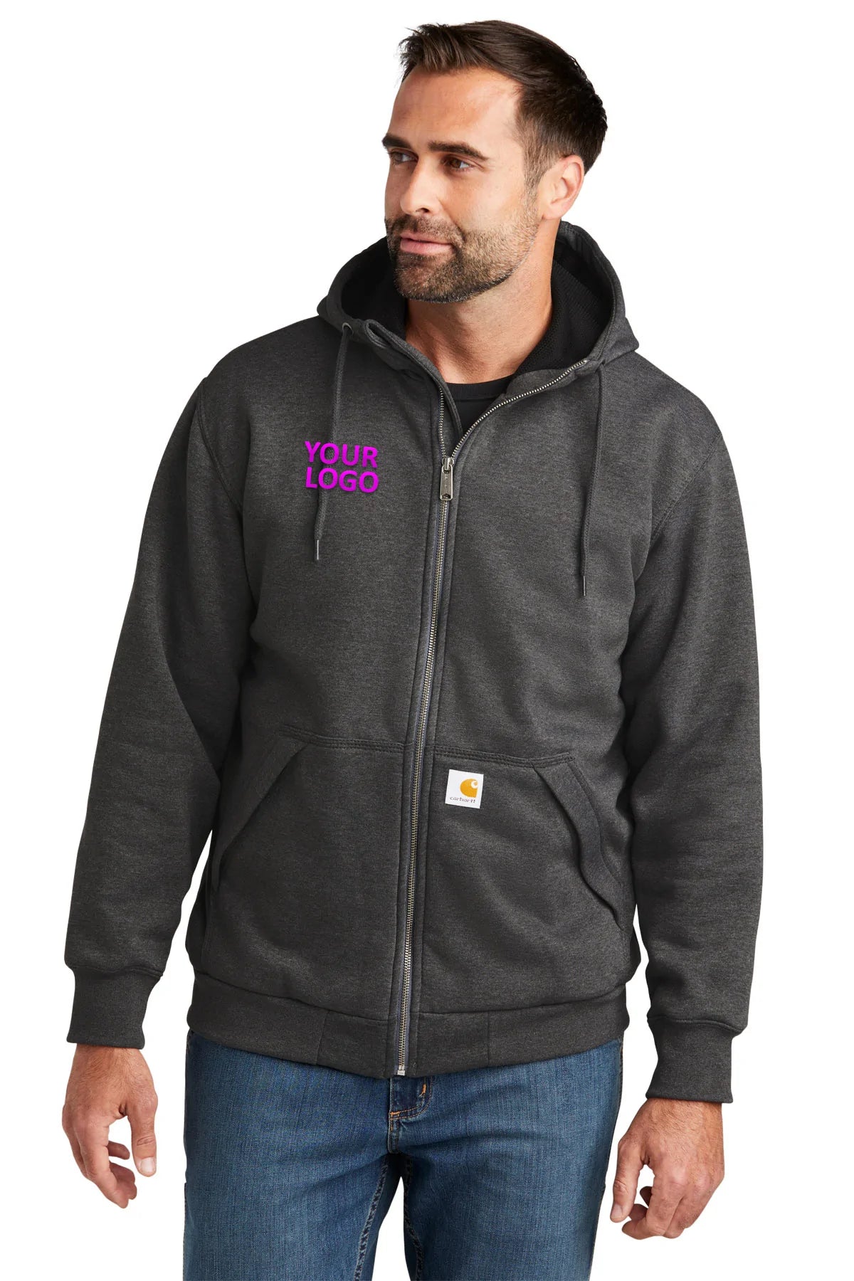 Carhartt Thermal Lined Custom Zip Up Hoodie - Carbon Heather | Men's Winter Work Jacket for Construction & Outdoor Activities