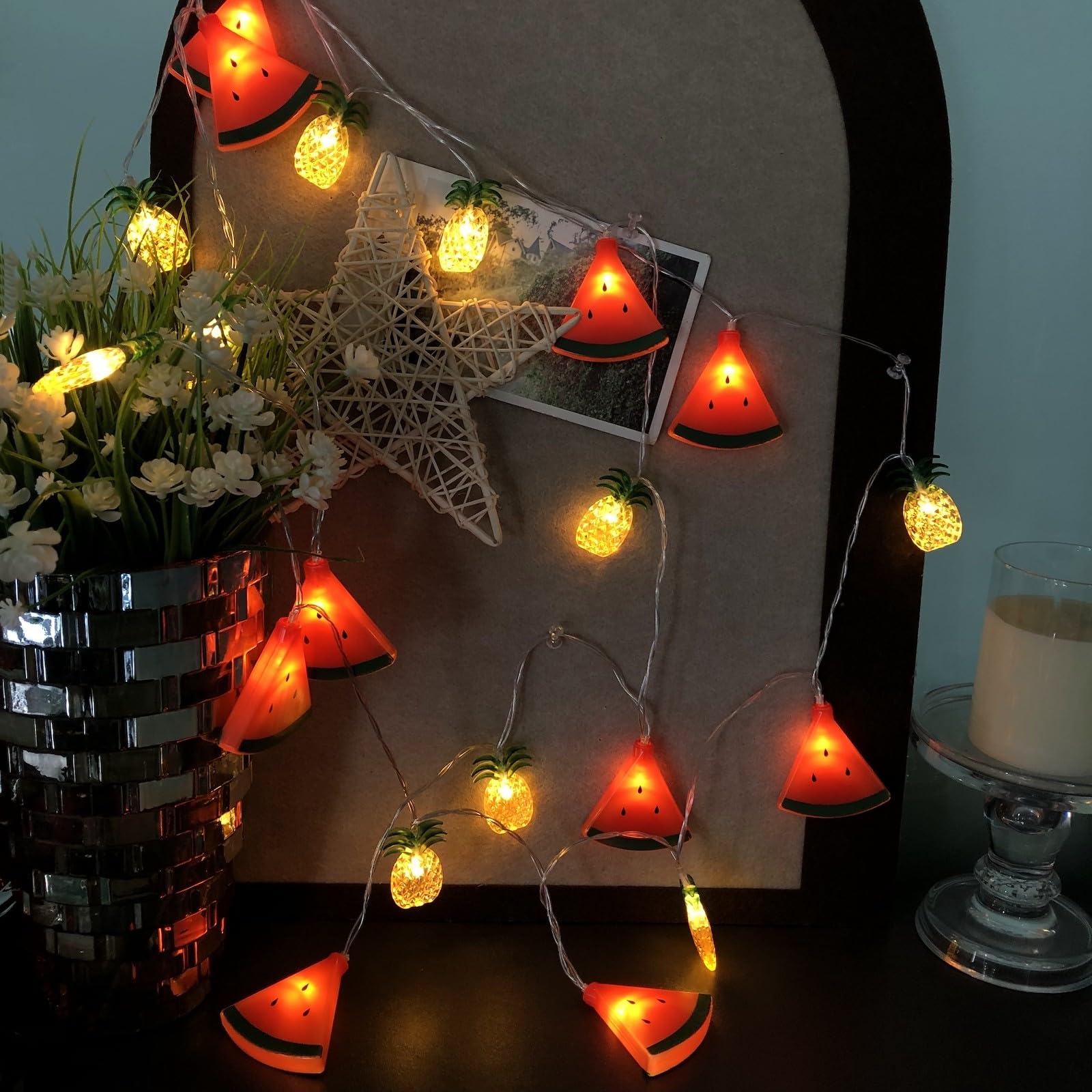 Watermelon Pineapple String Lights - 40 LED Battery Powered Fairy Lights for Wedding, Home, Birthday, Christmas Decor - Indoor & Outdoor Use (19.7ft, Watermelon+Pineapple Design) - Perfect for Patio, Garden, Bedroom, and Party Decorations