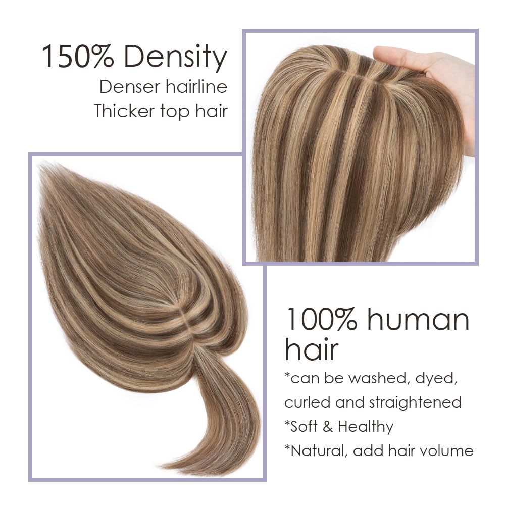 MY-LADY Human Hair Toppers for Women - 150% Density Remy Hair Silk Base Clip-in Hairpiece (7x13cm) with Bangs - Straight Hair Topper for Thinning Hair - 14 Inch #4P27 Medium Brown & Dark Blonde - Perfect for Daily Wear, Parties & Special Occasions