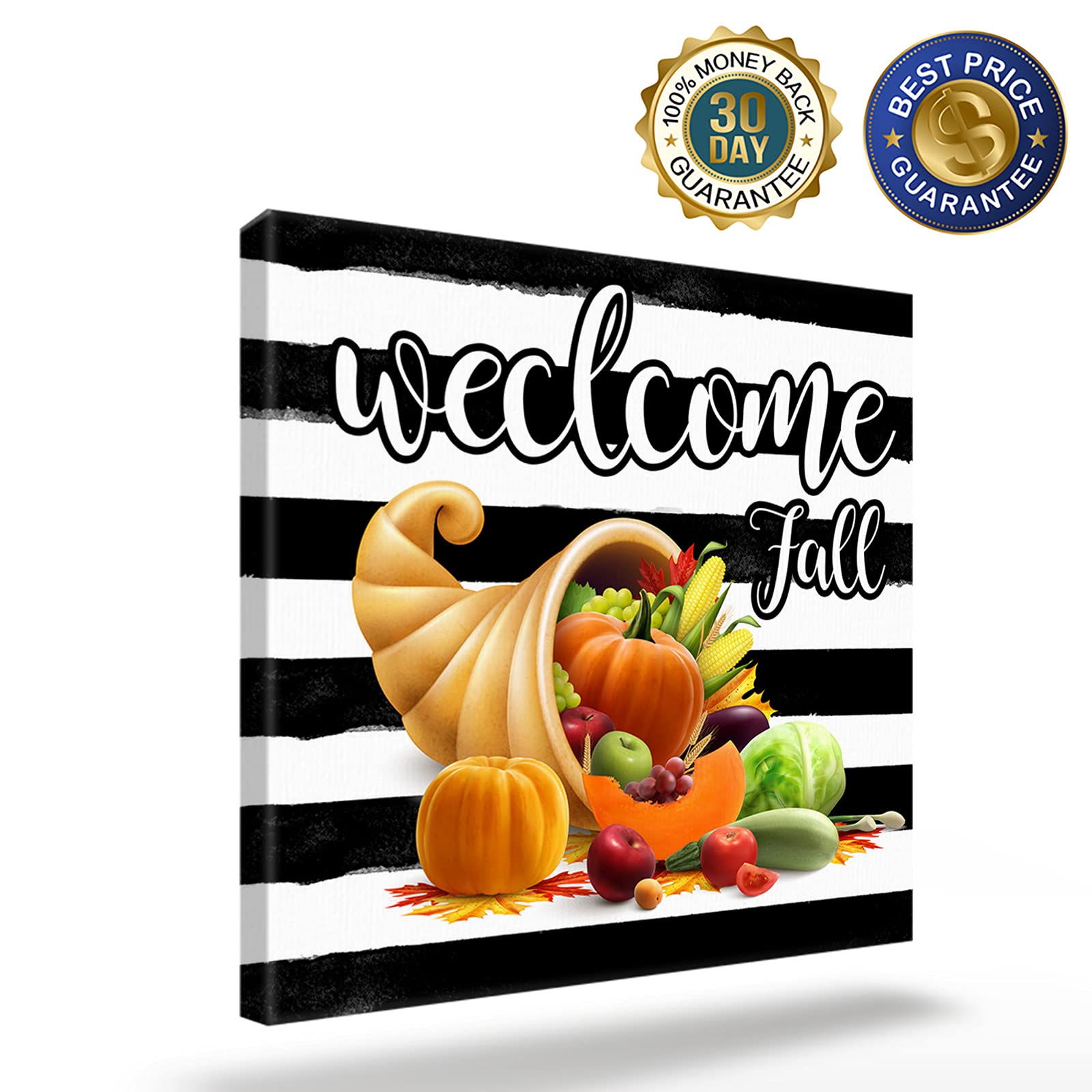 Premium Canvas Wall Art - Fall Cornucopia with Pumpkins & Fruits, Stretched Framed Oil Painting Print, Thanksgiving Harvest Decor for Living Room, Bedroom, Kitchen (28x28 Inch) | Perfect for Autumn Home Decor & Seasonal Farmhouse Style