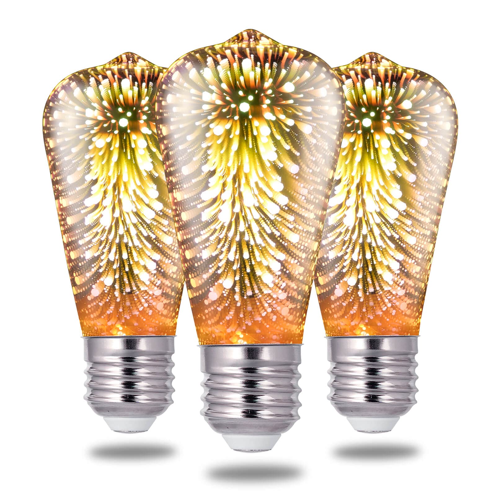 Porseme 3D Fireworks Decorative Light Bulb - E26 Base 4W LED Vintage Edison Bulbs - Warm White Glass Lighting for Home, Bedroom, Party & Holiday Decor (3-Pack ST19 Bulbs) - Perfect for Christmas, Weddings & Cozy Ambiance