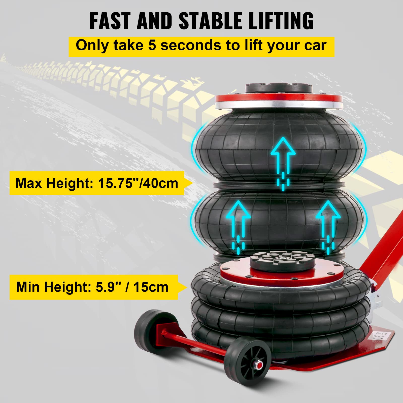 VEVOR 3 Ton (6600 lbs) Triple Bag Air Jack - Fast Lifting Car Jack with Adjustable Long Handle (Red) - Ideal for Emergency Roadside Repairs, Vehicle Maintenance, and Off-Road Recovery