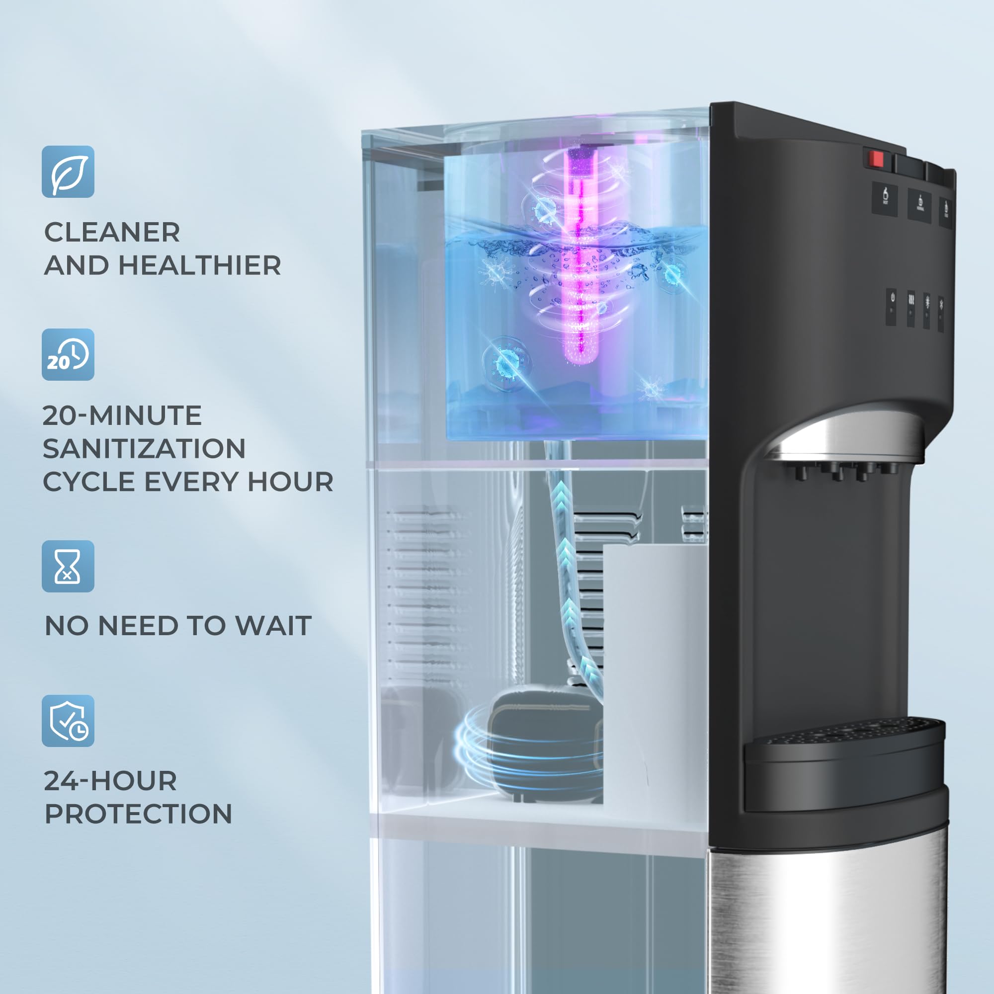 Euhomy Self-Cleaning Bottom Loading Water Cooler Dispenser with UV Sterilization - Stainless Steel 3/5 Gallon Water Dispenser for Home & Office - Perfect for Kitchen, Living Room, or Workplace Hydration