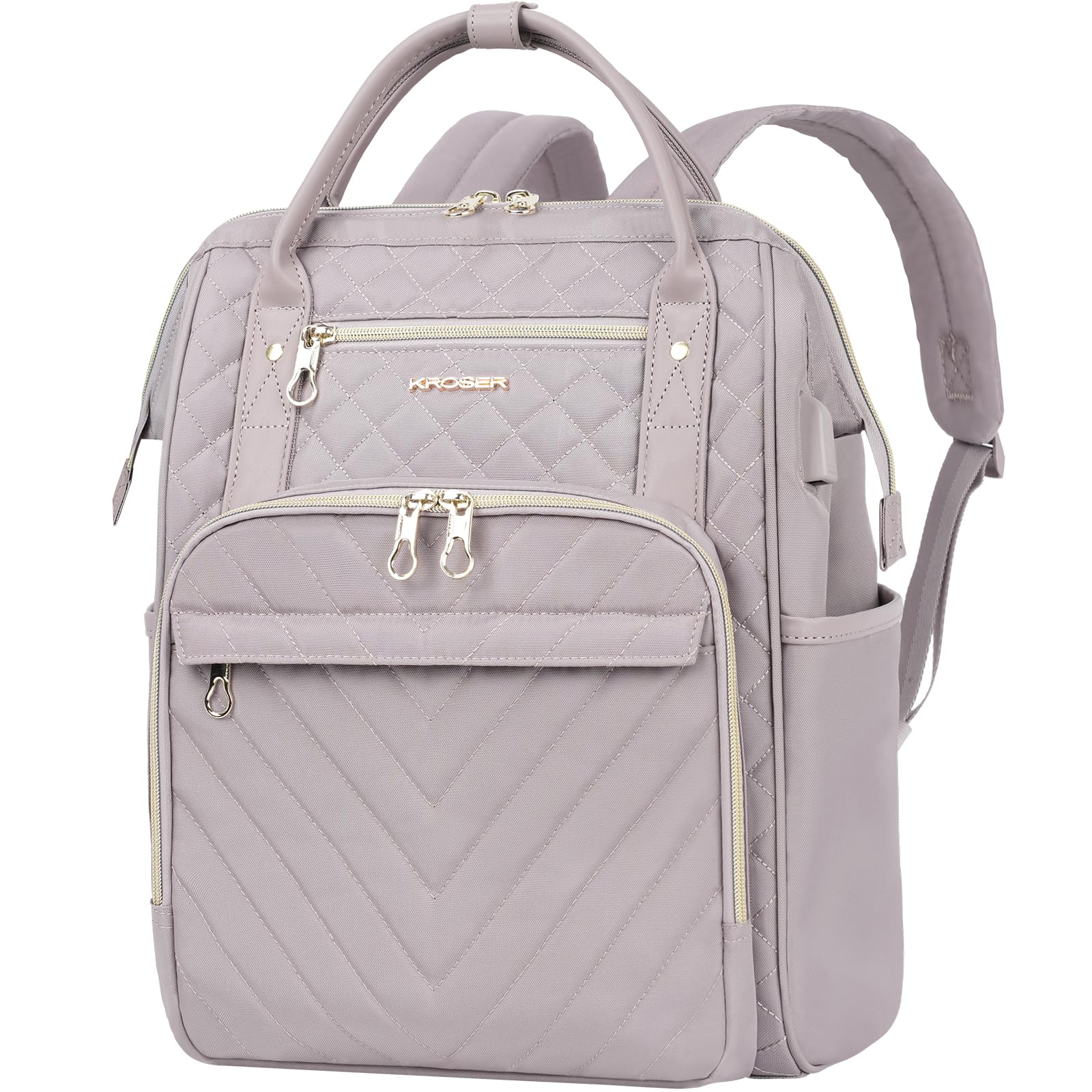 KROSER 17 Inch Laptop Backpack - Water Resistant USB Charging Port College Backpack for Men & Women, Stylish Quilted Dusty Pink Daypack - Perfect for Work, Travel, School & Business Commute