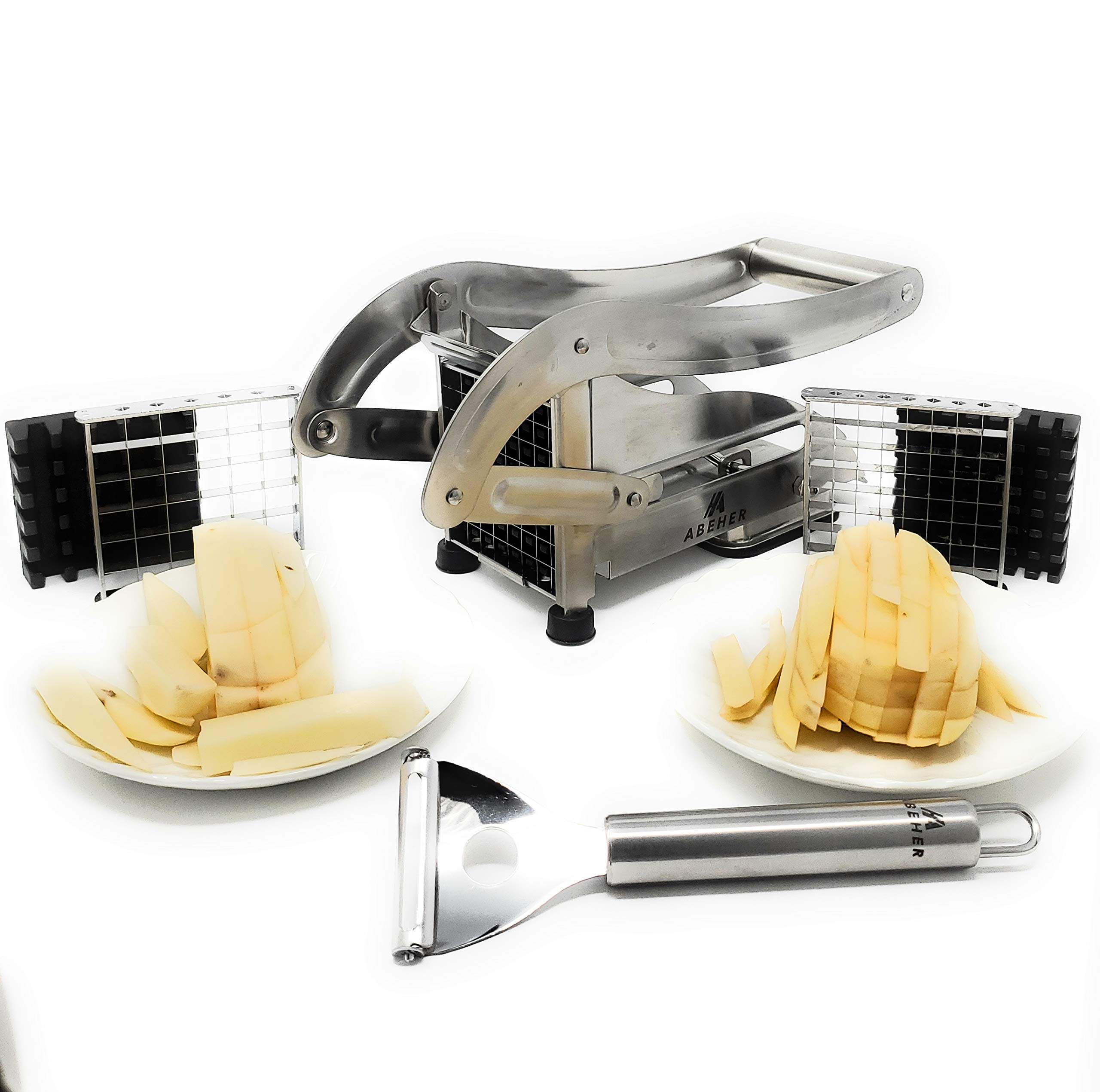 Commercial Grade Stainless Steel French Fry Cutter with 2 Blade Sizes - Heavy Duty Potato Slicer, Dicer & Chopper for Perfect Fries - Non-Slip Suction Base for Kitchen & Restaurant Use