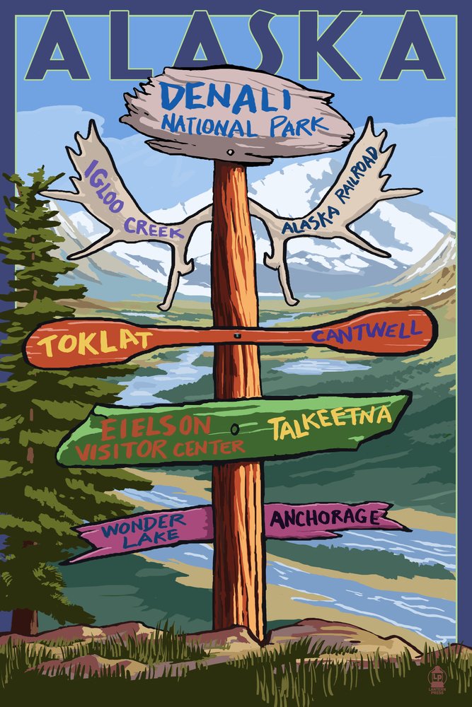 Denali National Park Alaska Wall Art Poster - 12x18 Inch Framed Destination Signpost Decor for Living Room, Bedroom & Office