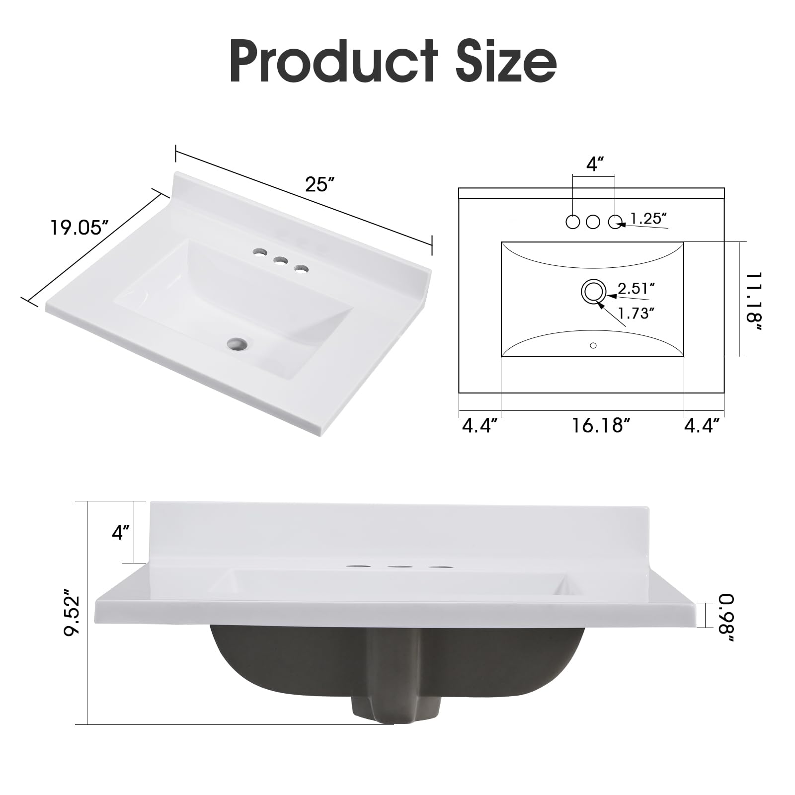 25 Inch White Cultured Marble Bathroom Vanity Top with Rectangular Sink - 4 Inch Centerset Faucet Hole & Integrated Backsplash - Perfect for Modern Bathroom Renovations and Small Space Solutions