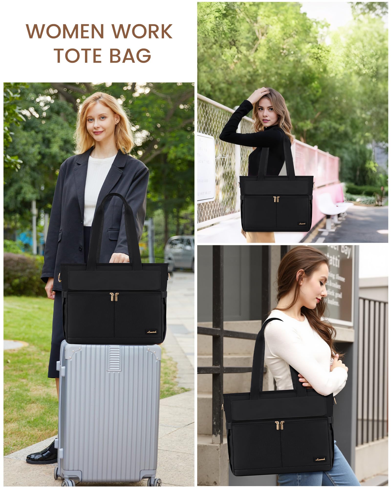 LOVEVOOK 15.6 Inch Women's Work Tote Bag with Laptop Compartment - Large Capacity Professional Teacher Bag, Casual Computer Briefcase for Office, Travel, Nurse, and School - Black