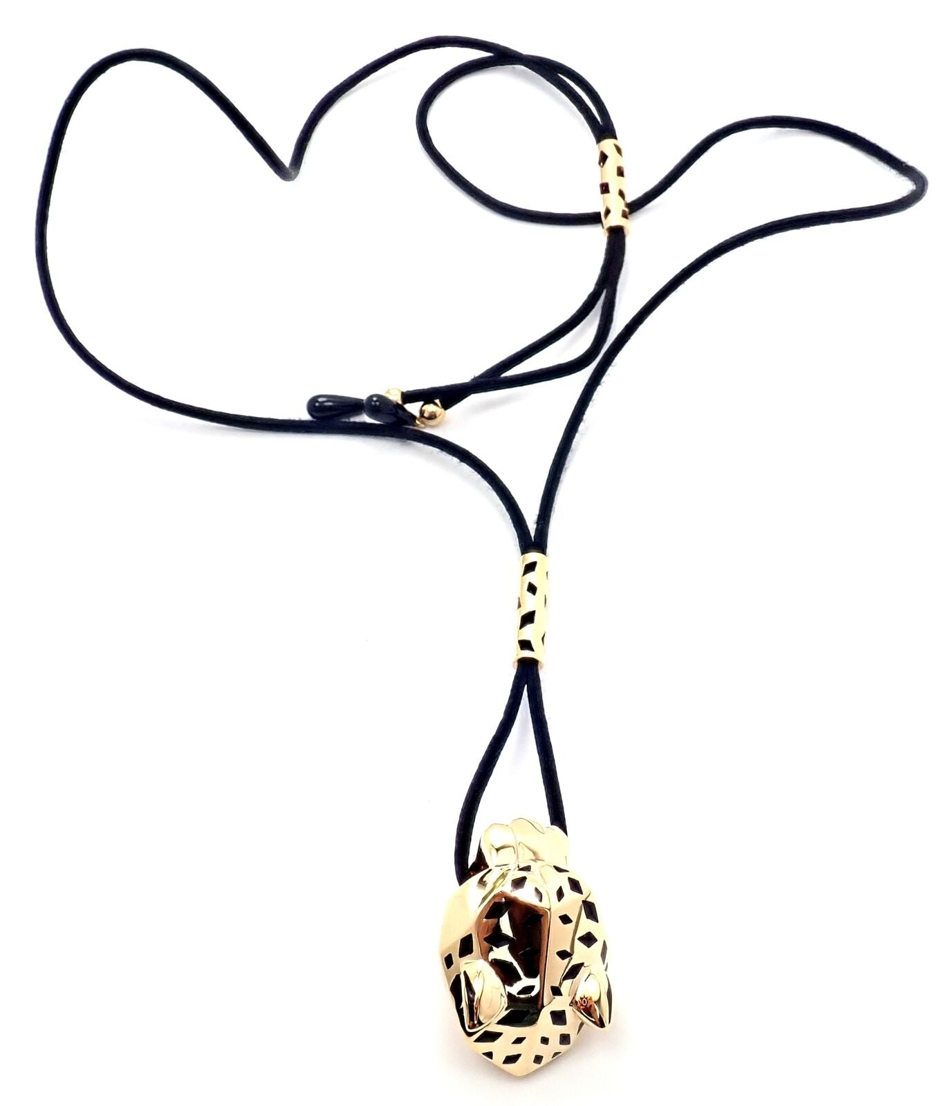 Authentic Cartier Panther Panthere 18k Yellow Gold Peridot Lacquer Cord Necklace for Women - Luxury Jewelry Gift for Birthday, Anniversary & Special Occasions