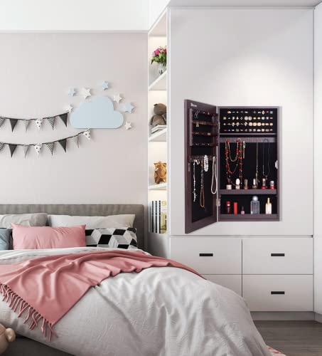 YOUHANG Fashion Jewelry Storage Mirror Cabinet with LED Lights - Hanging Door/Wall Mirror Organizer for Necklaces, Rings & Earrings - Perfect for Bedroom, Bathroom & Dressing Room