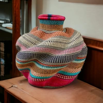 16x18 Inch Wicker Round Basket - African Bolga Basket for Plants & Storage | Handwoven Rattan Decor for Home, Office & Outdoor Use