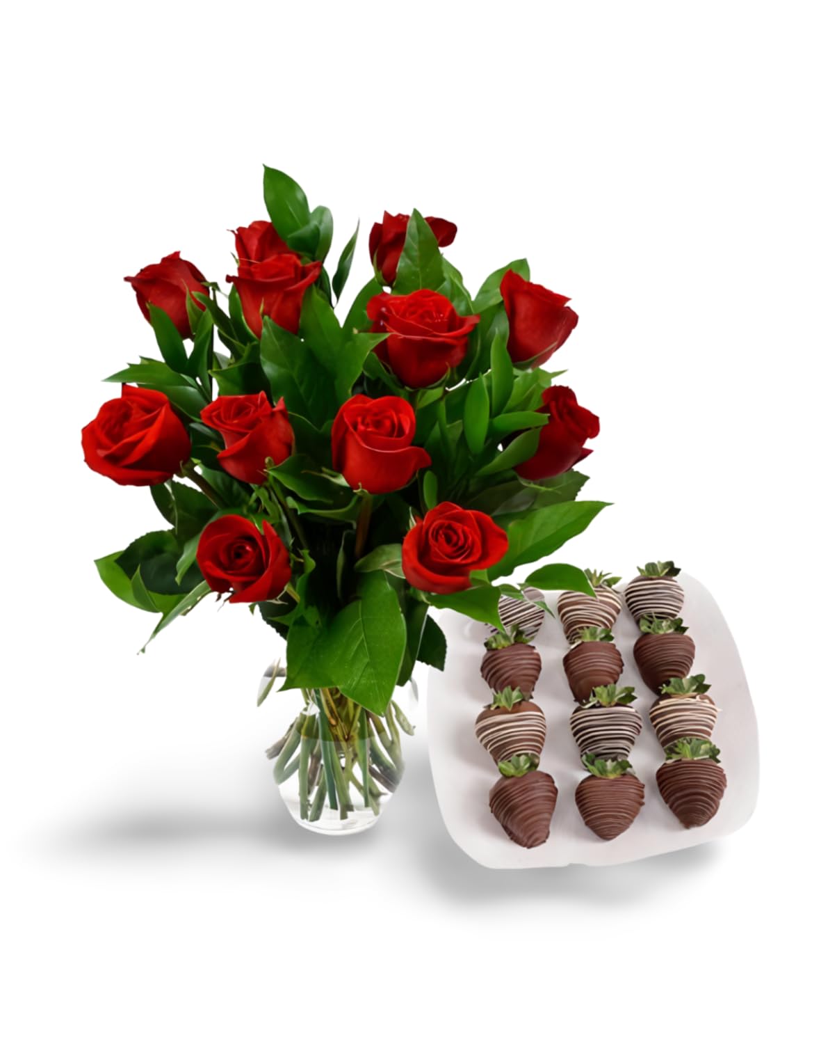 KaBloom Flowers - Easter Collection - 12 Fresh Red Roses with Chocolate Dipped Strawberries & Vase - Birthday, Anniversary, Valentine's Day, Mother's Day Gift - Perfect for Romantic Surprises, Home Decor & Special Occasions