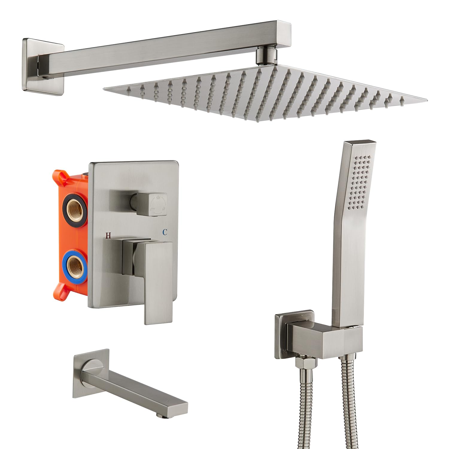 OUGOO 10 Inch Rainfall Shower System with Handheld Sprayer & Tub Spout - Complete Shower Faucet Set with Rough-in Valve & Brushed Nickel Trim Kit - Perfect for Modern Bathroom Renovations & Spa-Like Shower Experience