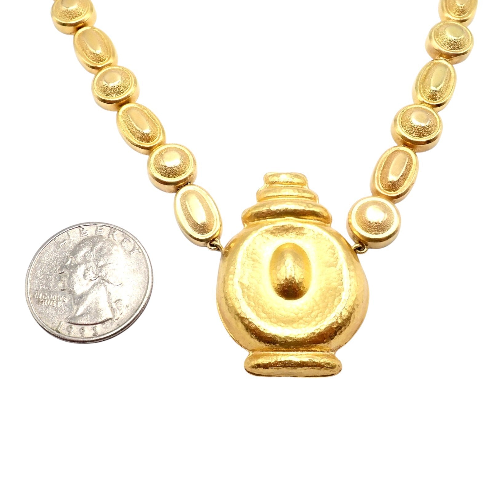 Vintage Estate Ilias Lalaounis 18k Yellow Gold Hammered Vase Necklace - Elegant Jewelry for Weddings, Parties & Special Occasions